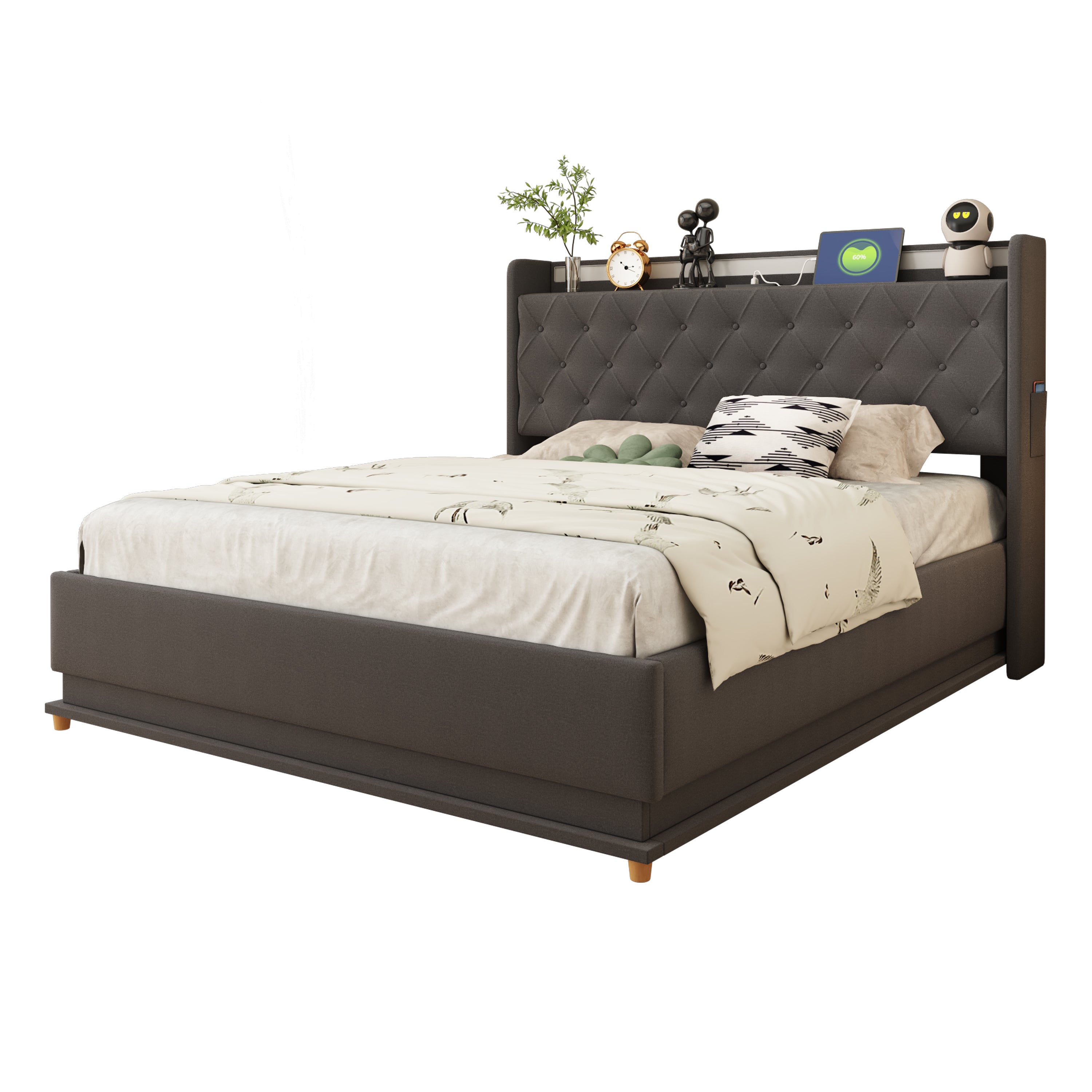 Logidon LED gestoffeerd bed 140x200 grijs met USB-oplaadpoort opbergruimte