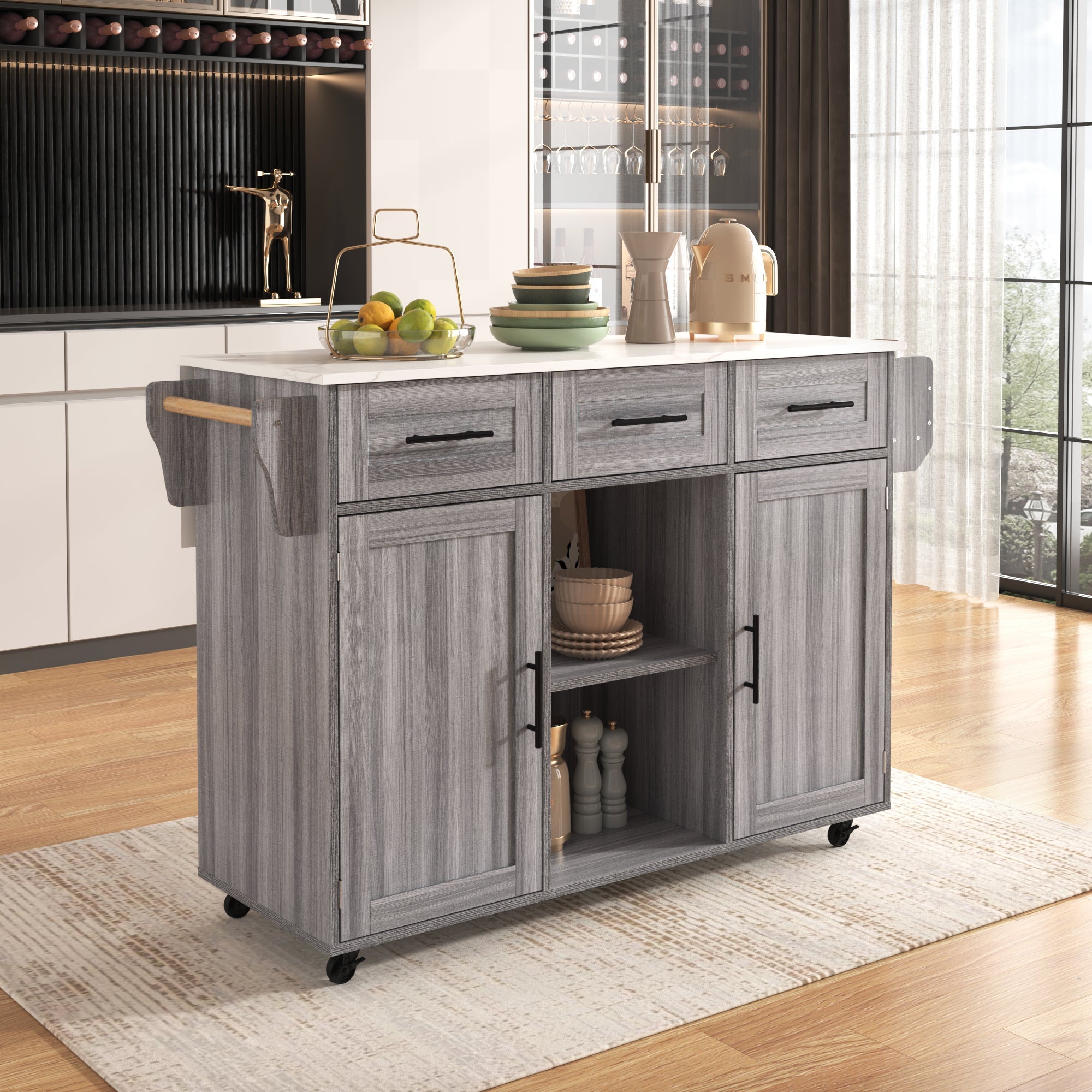 Logidon serving trolley gray wood look with folding table top and storage space