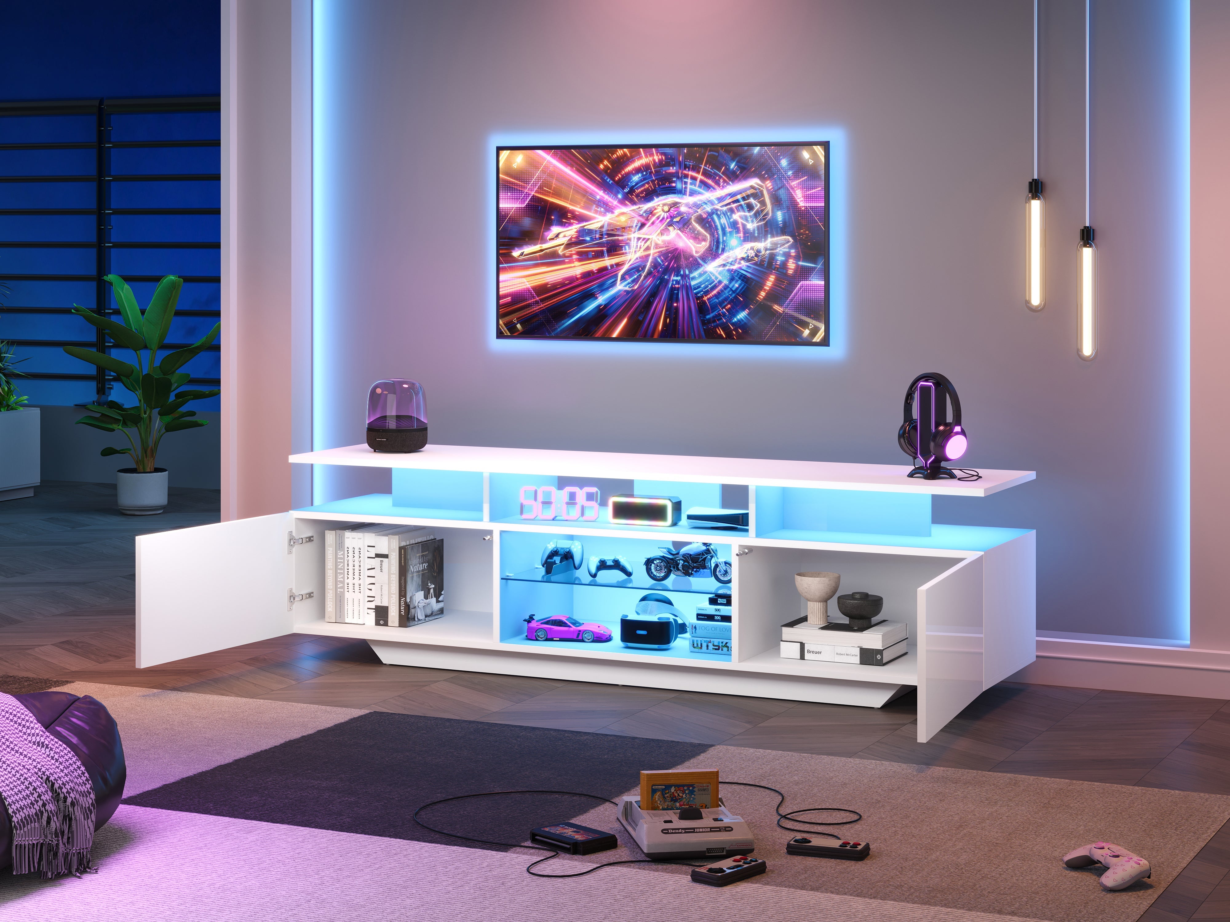 Logidon TV-meubel hoogglans wit 160 x 40 x 45 cm met LED lichtstrip glasplanken