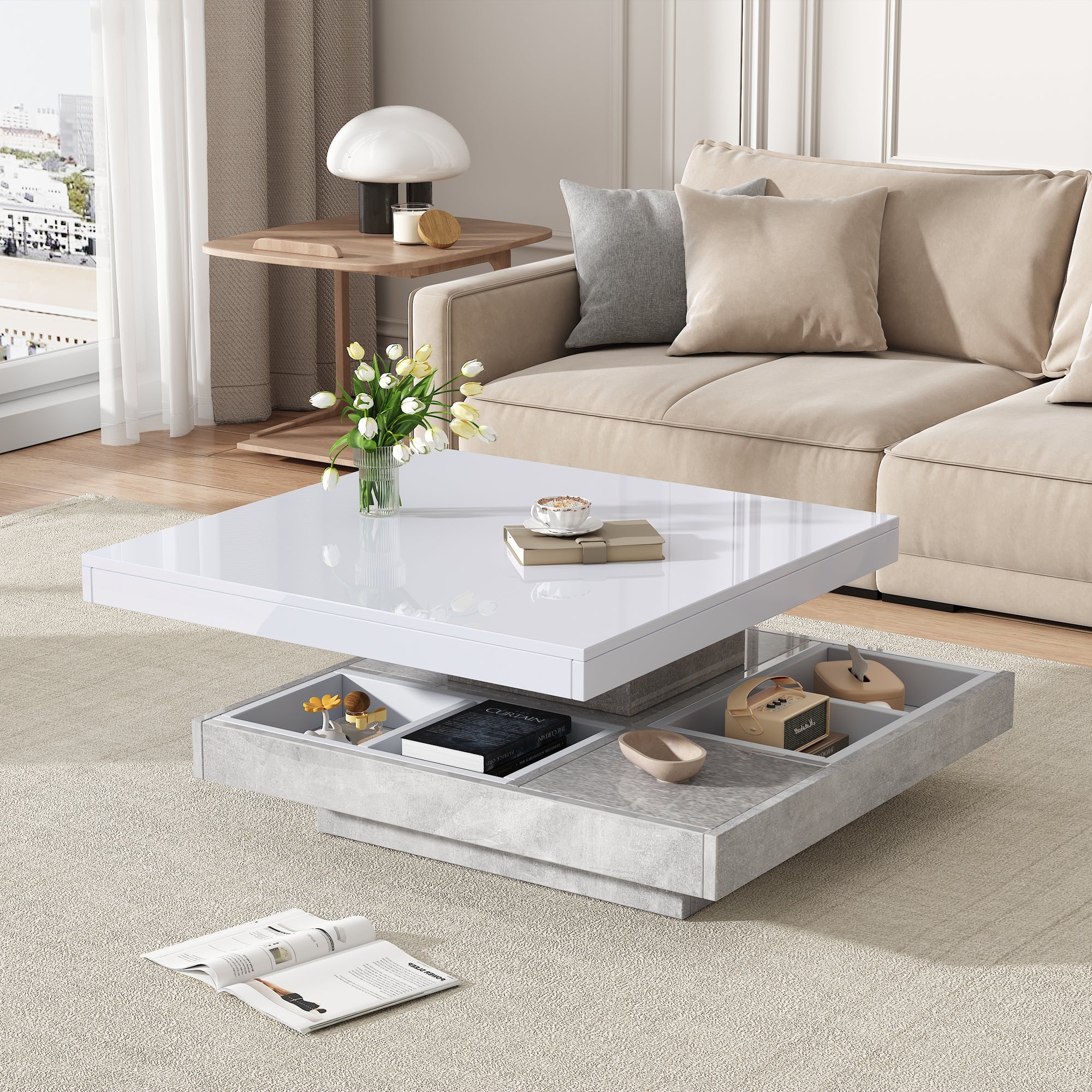 Logidon 360 graden draaibare salontafel 70x70x36 cm wit hoogglans
