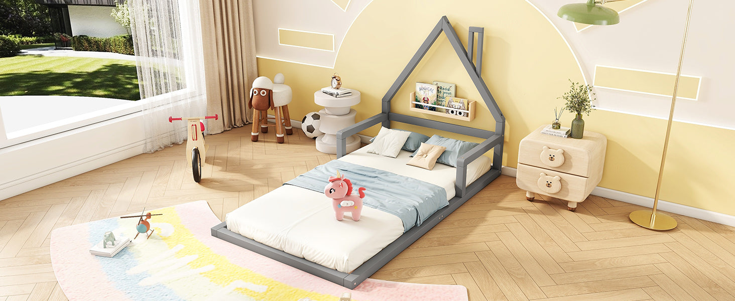 Logidon children's bed 90x200 cm flat bed house shape gray solid wood