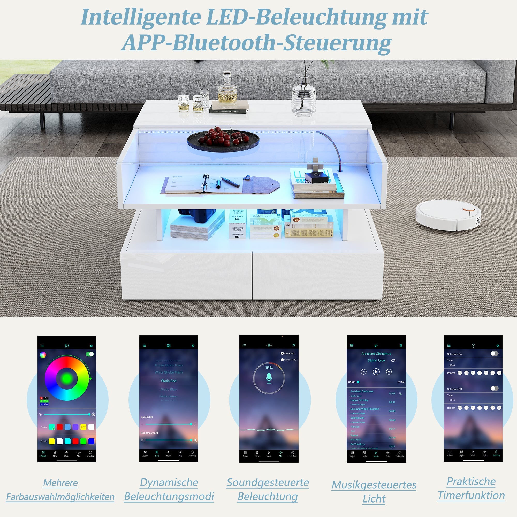 Logidon In hoogte verstelbare salontafel 80x80 cm witte LED opbergruimte