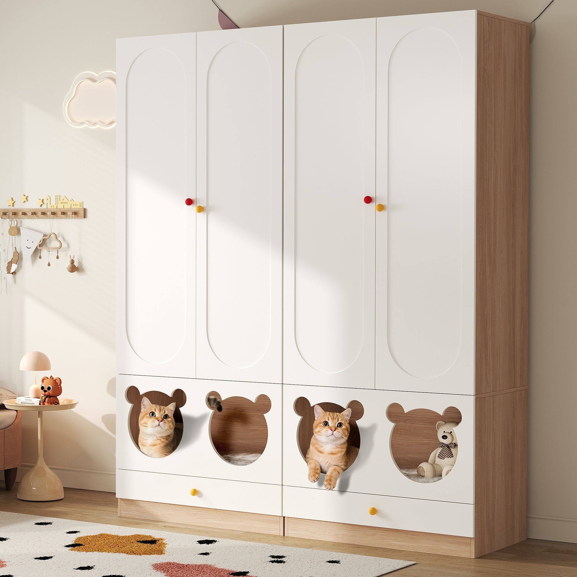 Logidon kinderkledingkast wit naturel hout met kattenmand 80x50x200cm