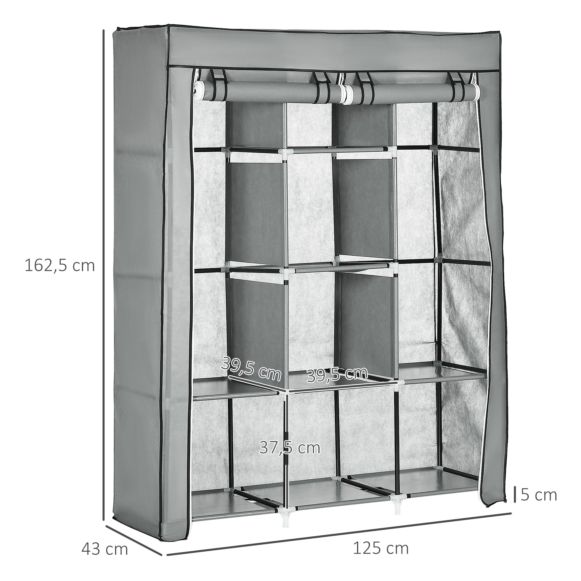 Logidon stoffen kledingkast lichtgrijs 125x43x162 met kledingroedes 8 niveaus