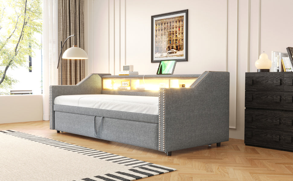 Logidon upholstered bed pull-out sofa bed 90/180 x 190 cm light gray storage compartment