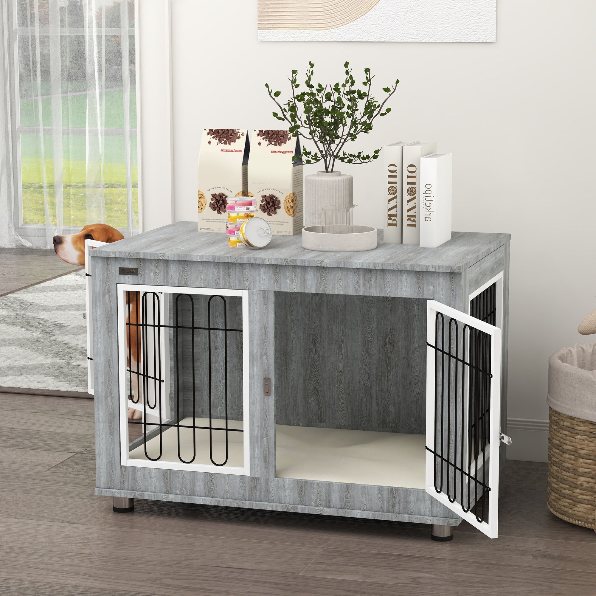 Logidon Hondenkooi Grijs 90x58x65 cm met kussens en dubbele deuren