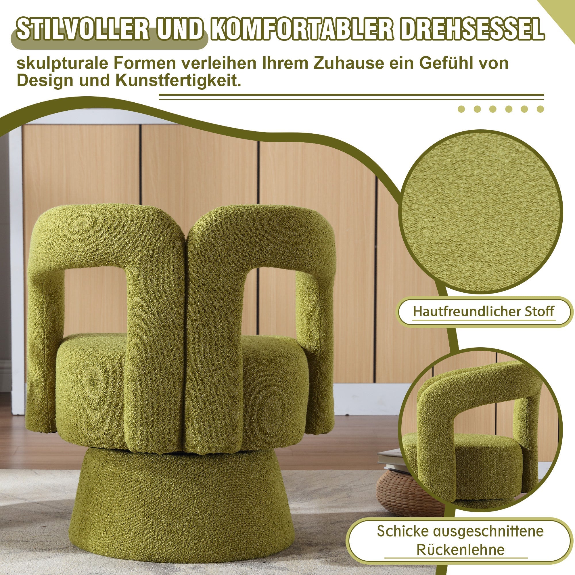 Logidon 360 degree swivel chair Boucle olive green accent chair