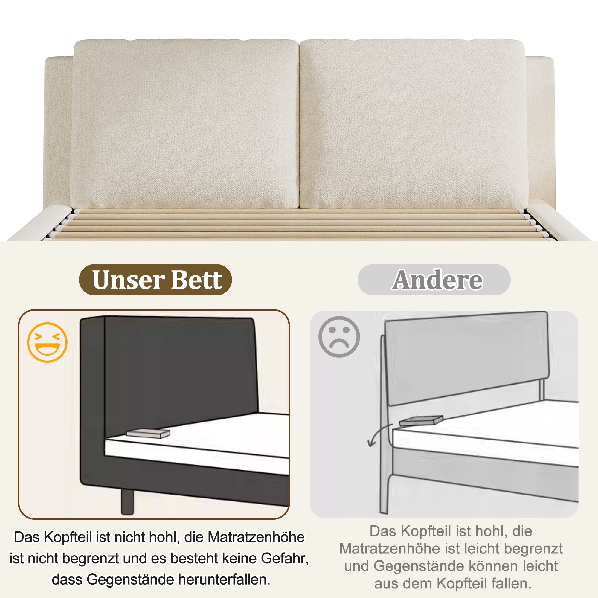 Logidon gestoffeerd bed 180x200 cm met opbergruimte en hydrauliek beige bouclé