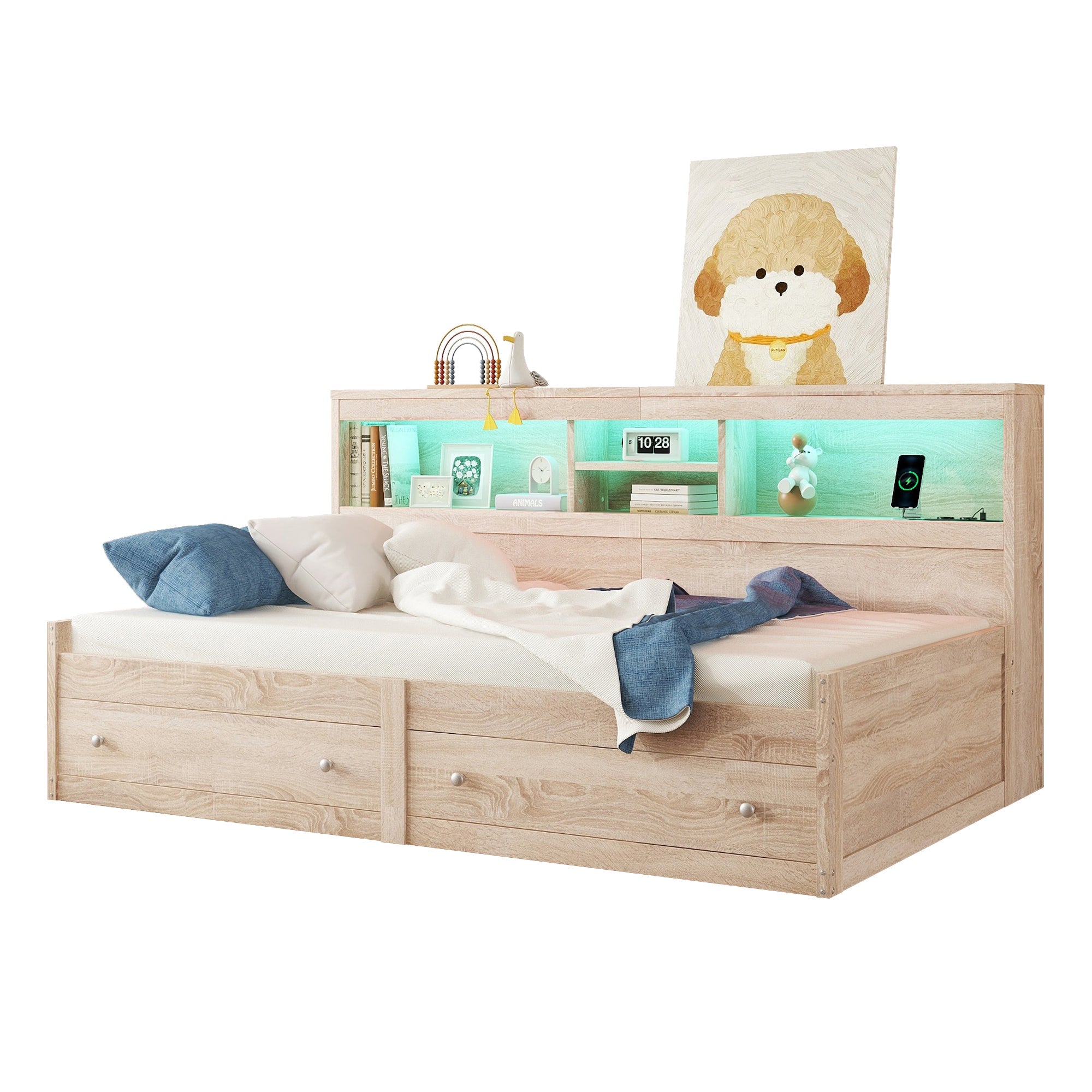 Logidon Daybed 90x200cm slaapbank met sfeerverlichting USB naturel