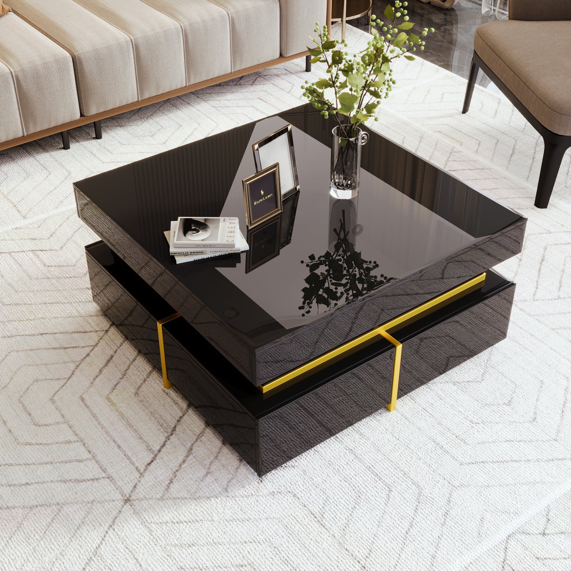 Logidon high gloss coffee table with gold accents and drawers