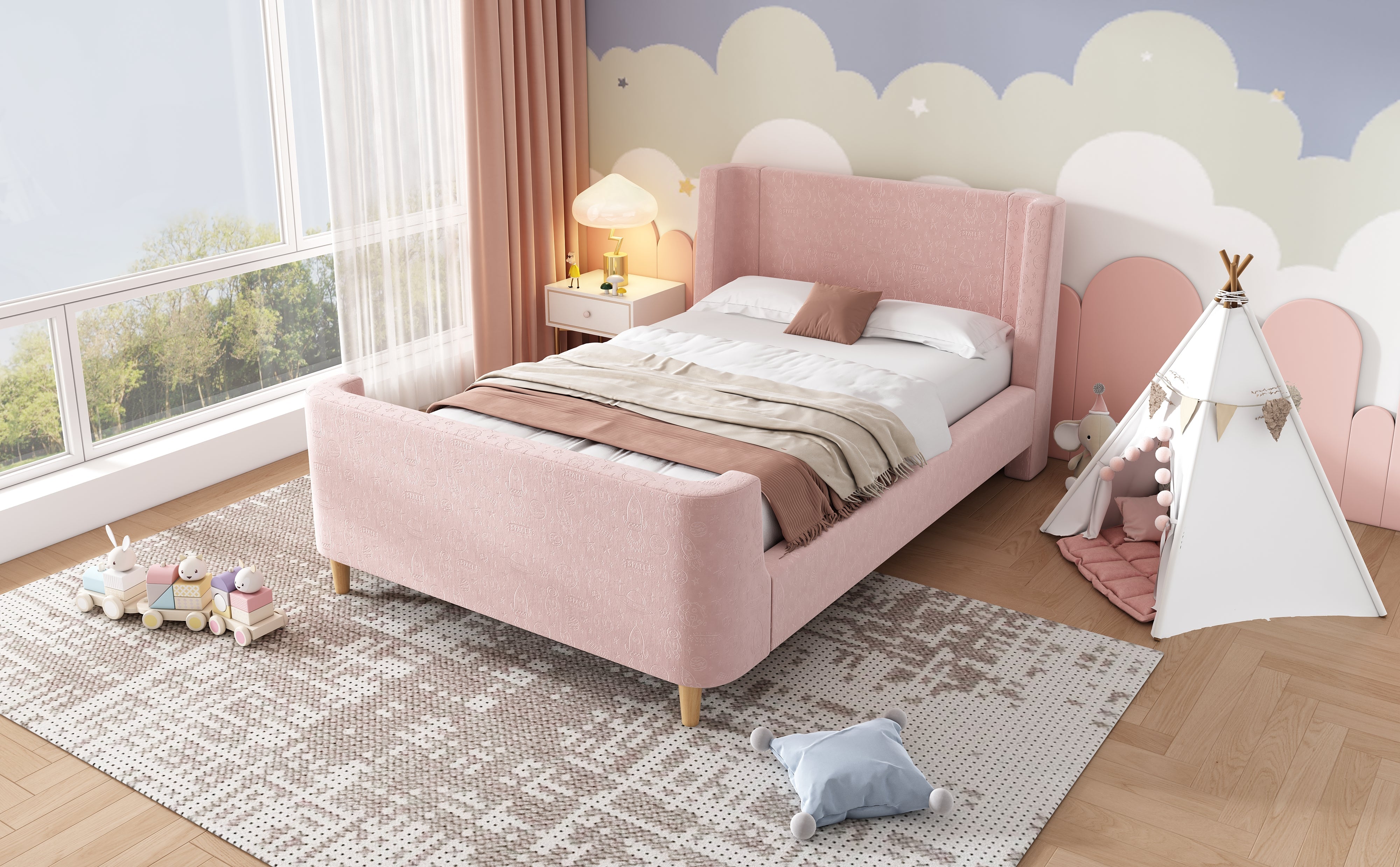 Logidon kinderbed gestoffeerd bed 90x200 roze fluweel sleebed Kosmos