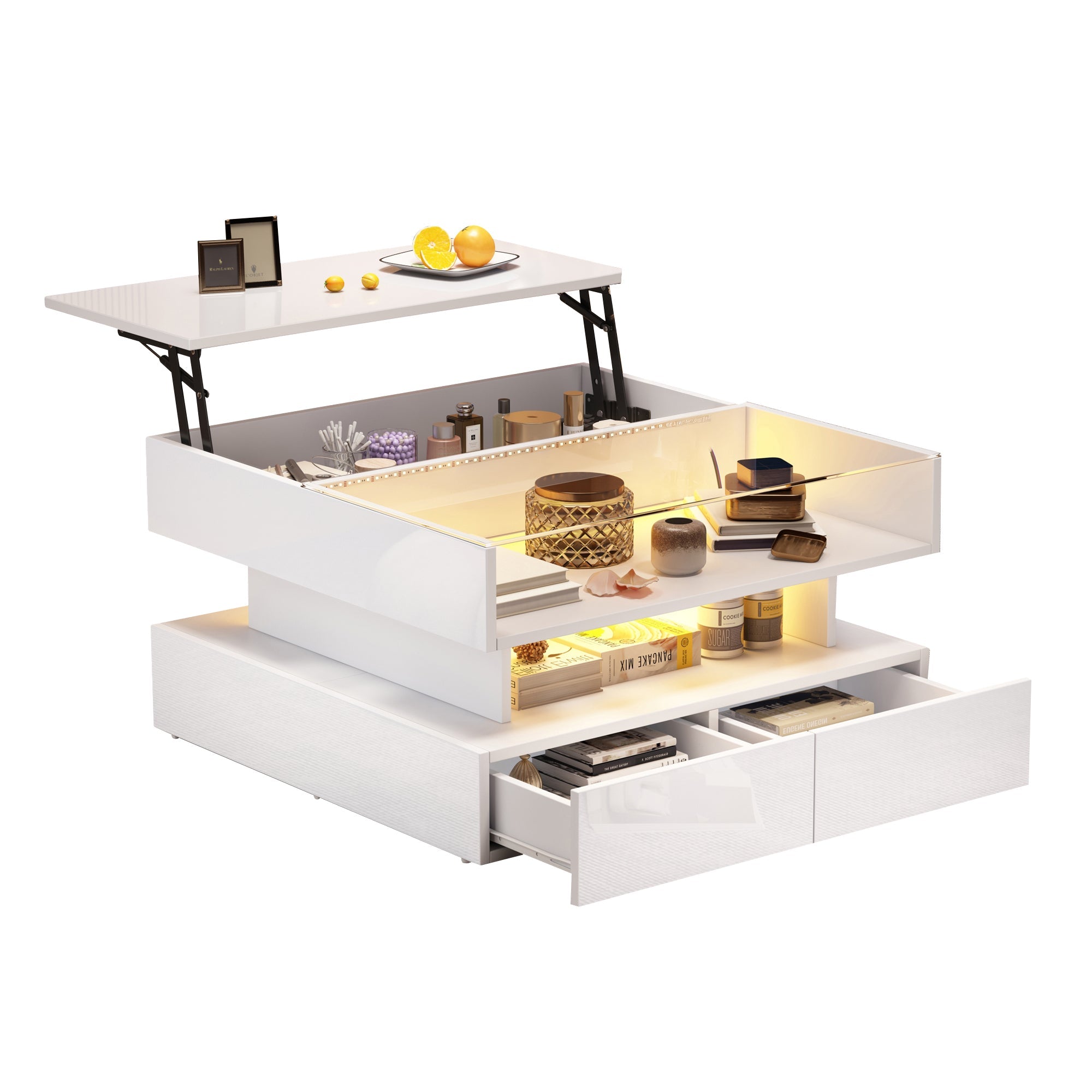 Logidon In hoogte verstelbare salontafel 80x80 cm witte LED opbergruimte