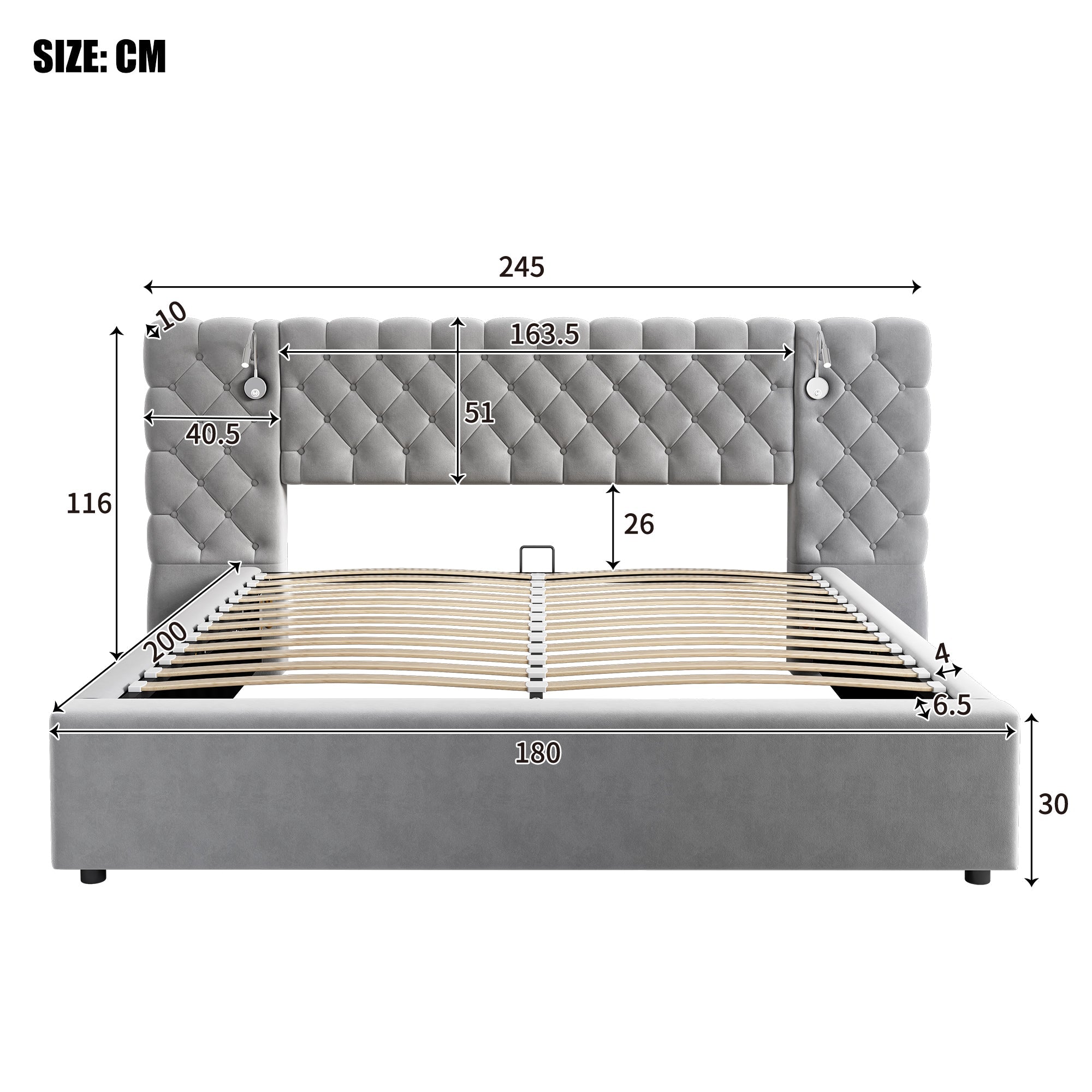 Logidon gestoffeerd bed 180 x 200 cm met hydraulische opbergruimte LED grijs