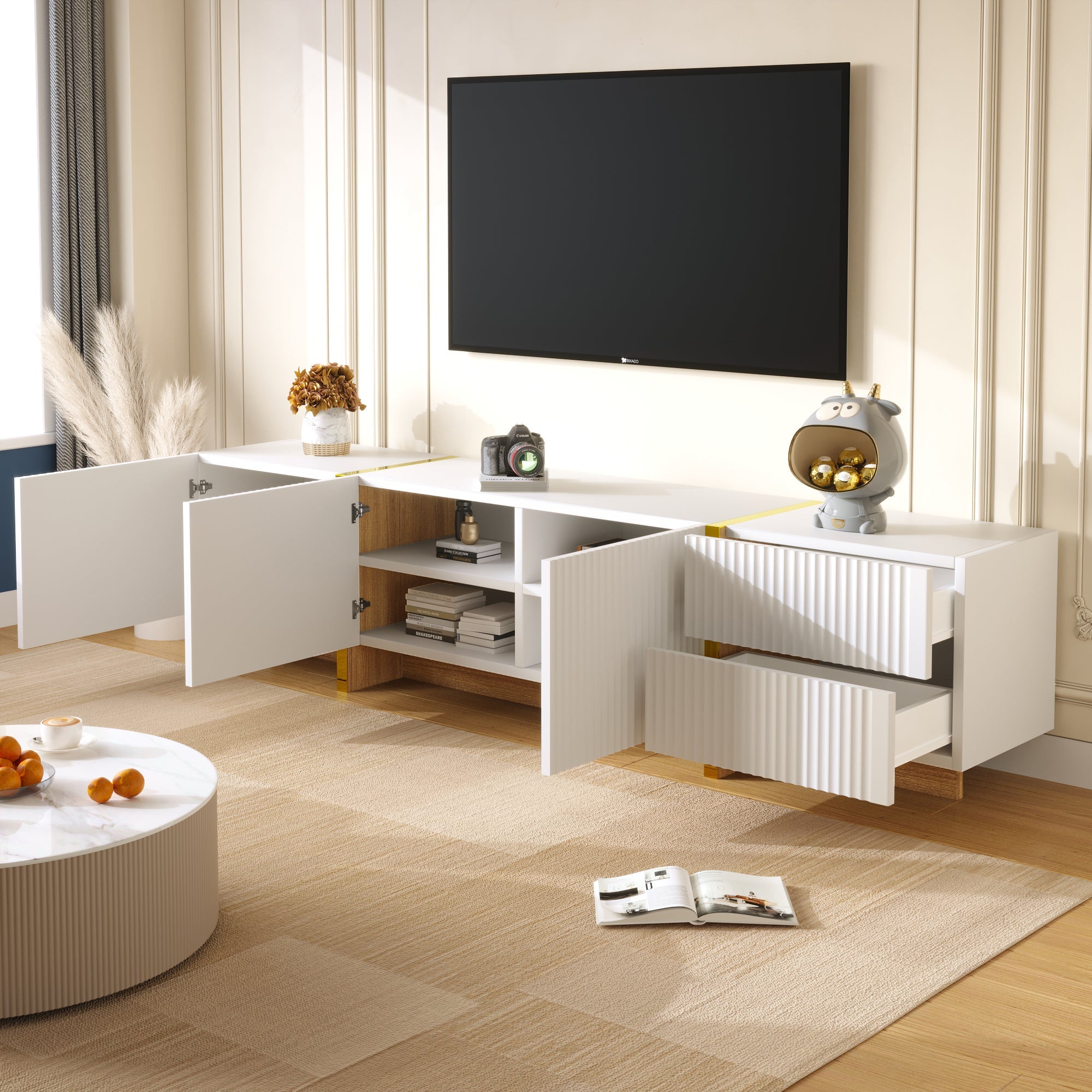 Logidon TV-meubel 190 cm wit goud houtnerf 3 deuren 2 lades