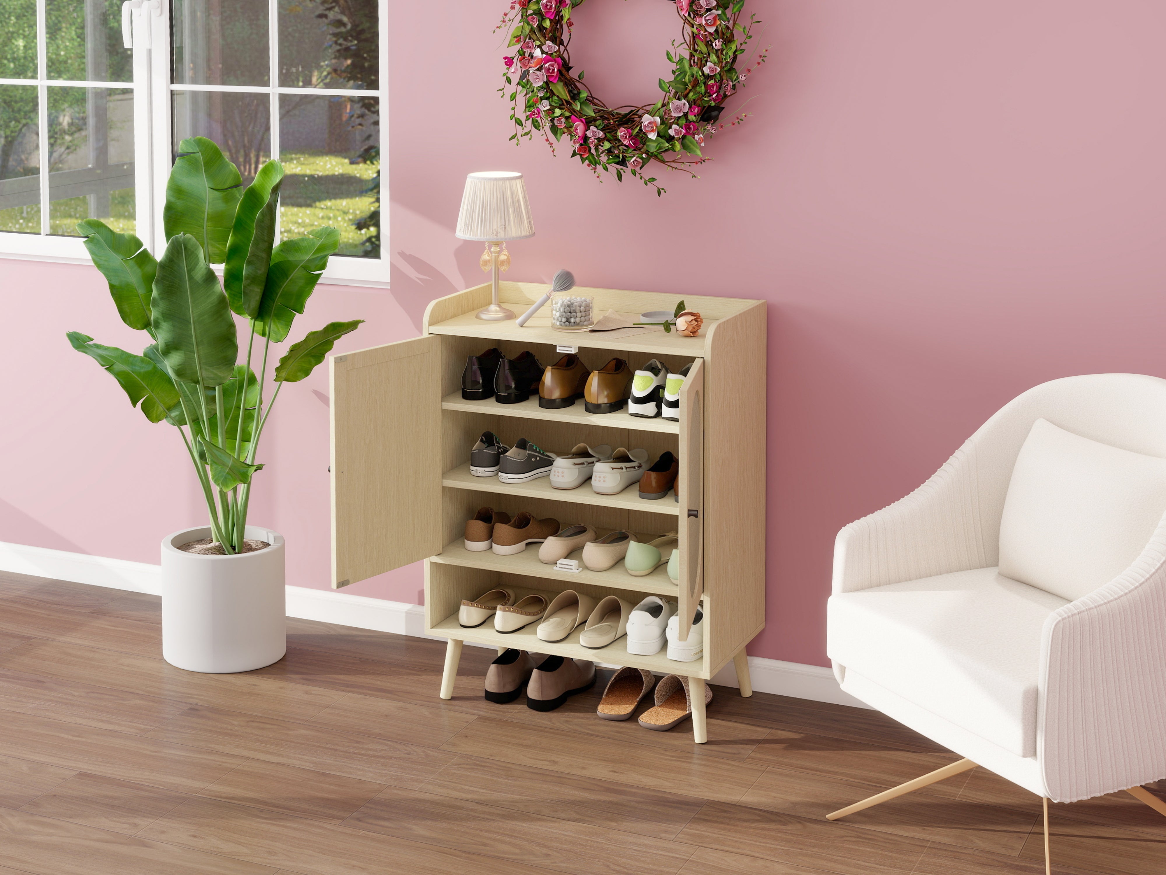 Logidon schoenenkast naturel houtlook met dubbele deuren Rotan design