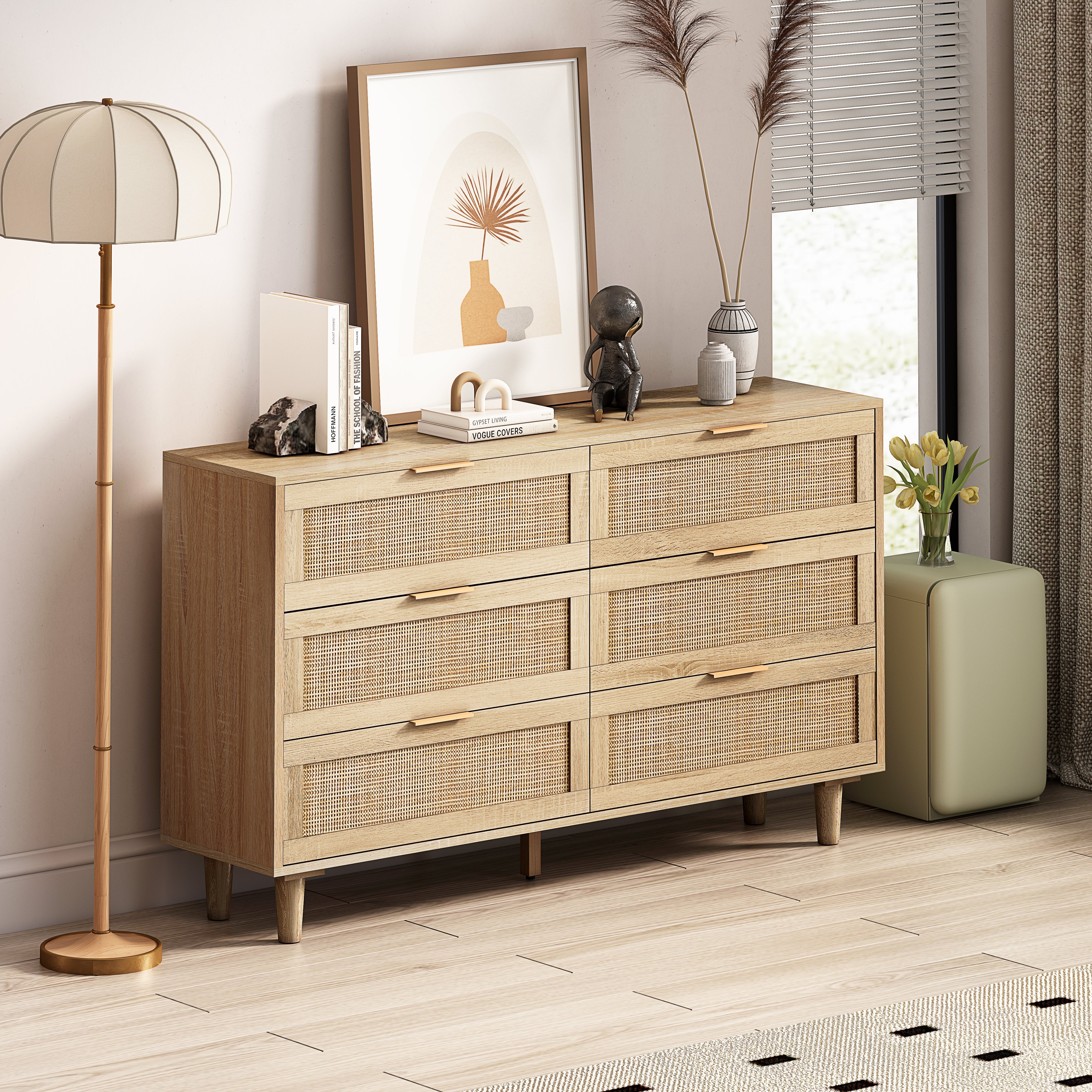 Logidon 130 cm rotan dressoir met 6 lades naturel rotan