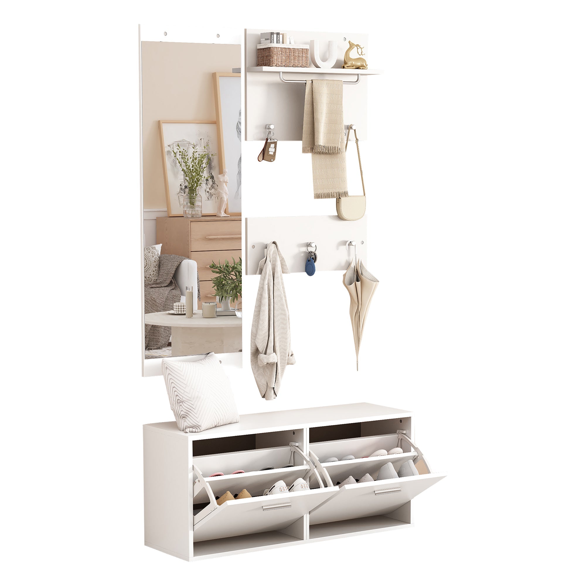 Logidon kledingkastset 4-delige spiegel schoenenkast wit 90x30x41,5 cm