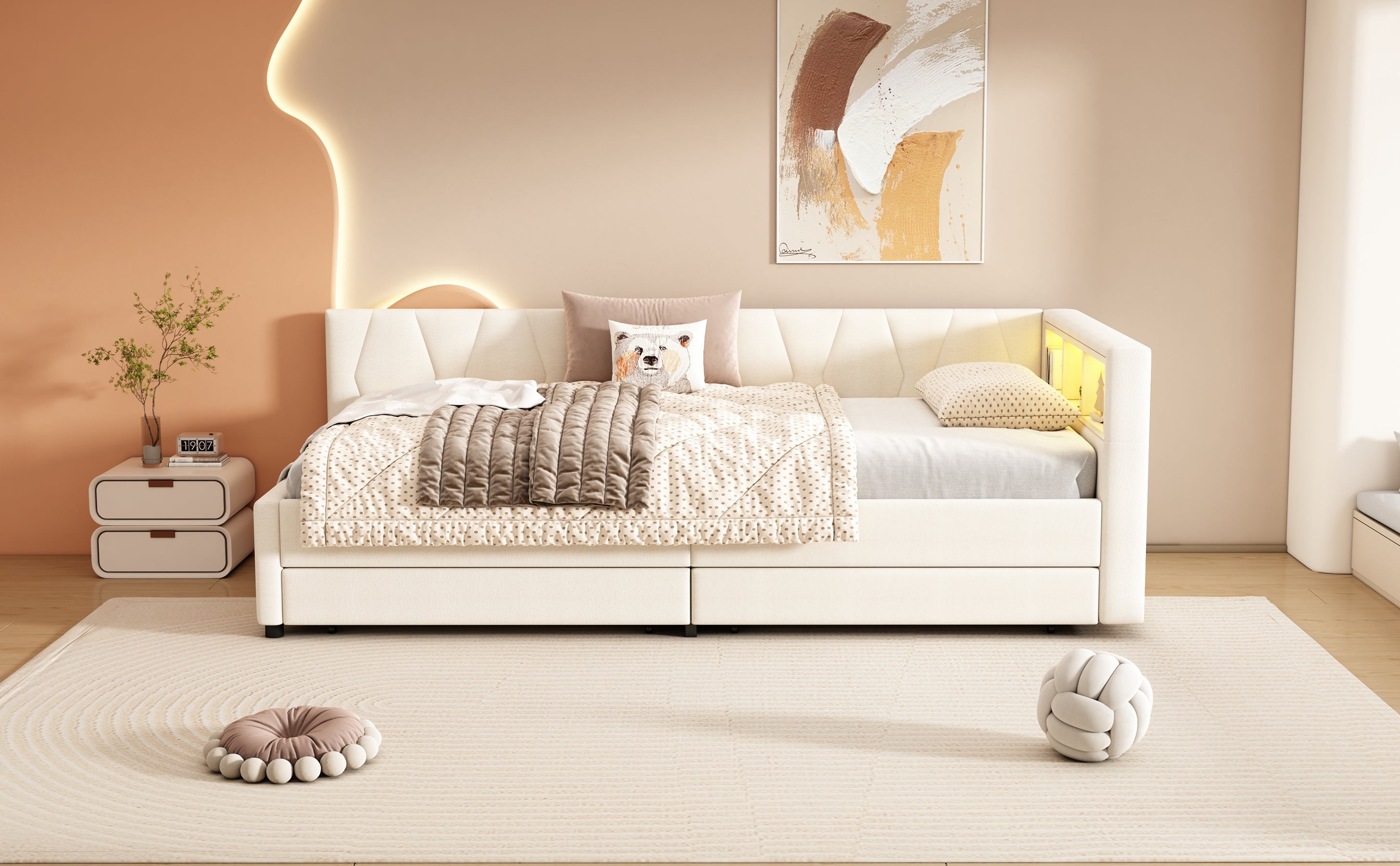 Logidon Dagbed 90x200 cm Beige Slaapbank Opbergvak met USB C LED
