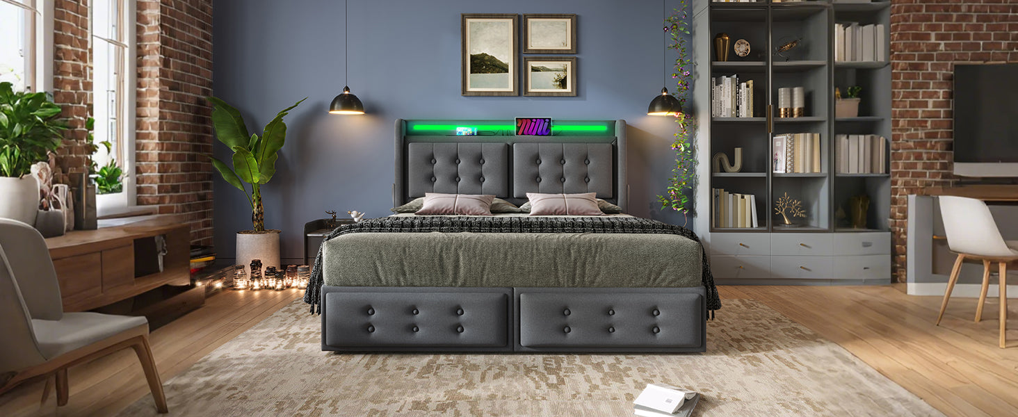 Logidon upholstered bed 160x200 gray LED headboard USB-C 4 drawers