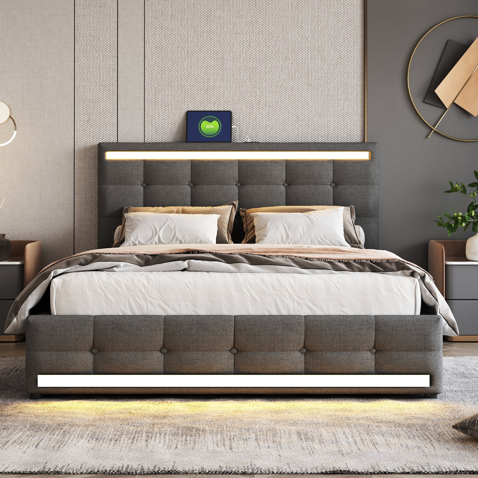Logidon gestoffeerd bed 140x200 LED, opbergruimte, USB, grijs