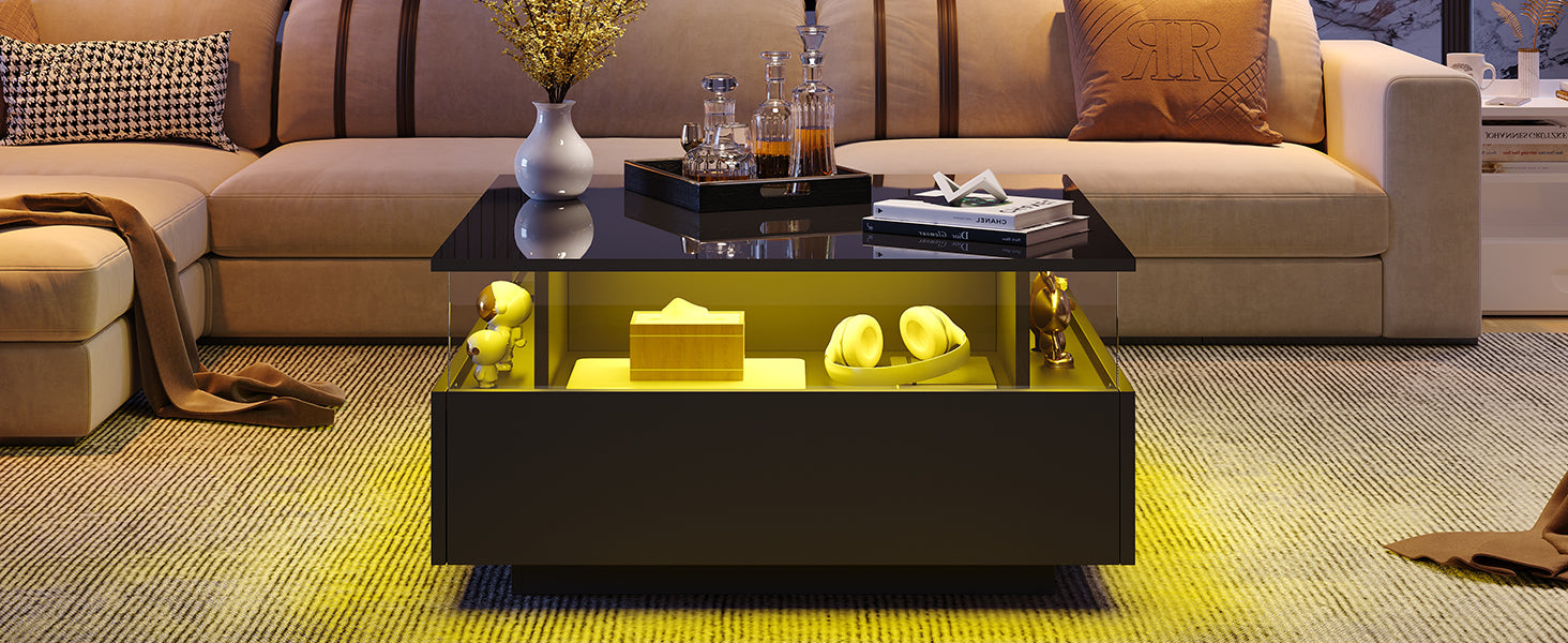 Logidon hoogglans LED salontafel 90x55x45 cm zwart 2 lades