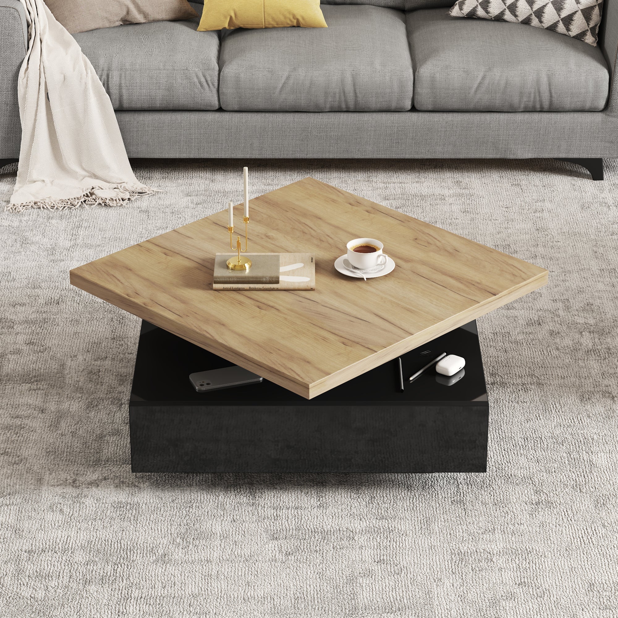 Logidon Vierkante Draaibare Salontafel 70x70 cm Bruin 360 graden