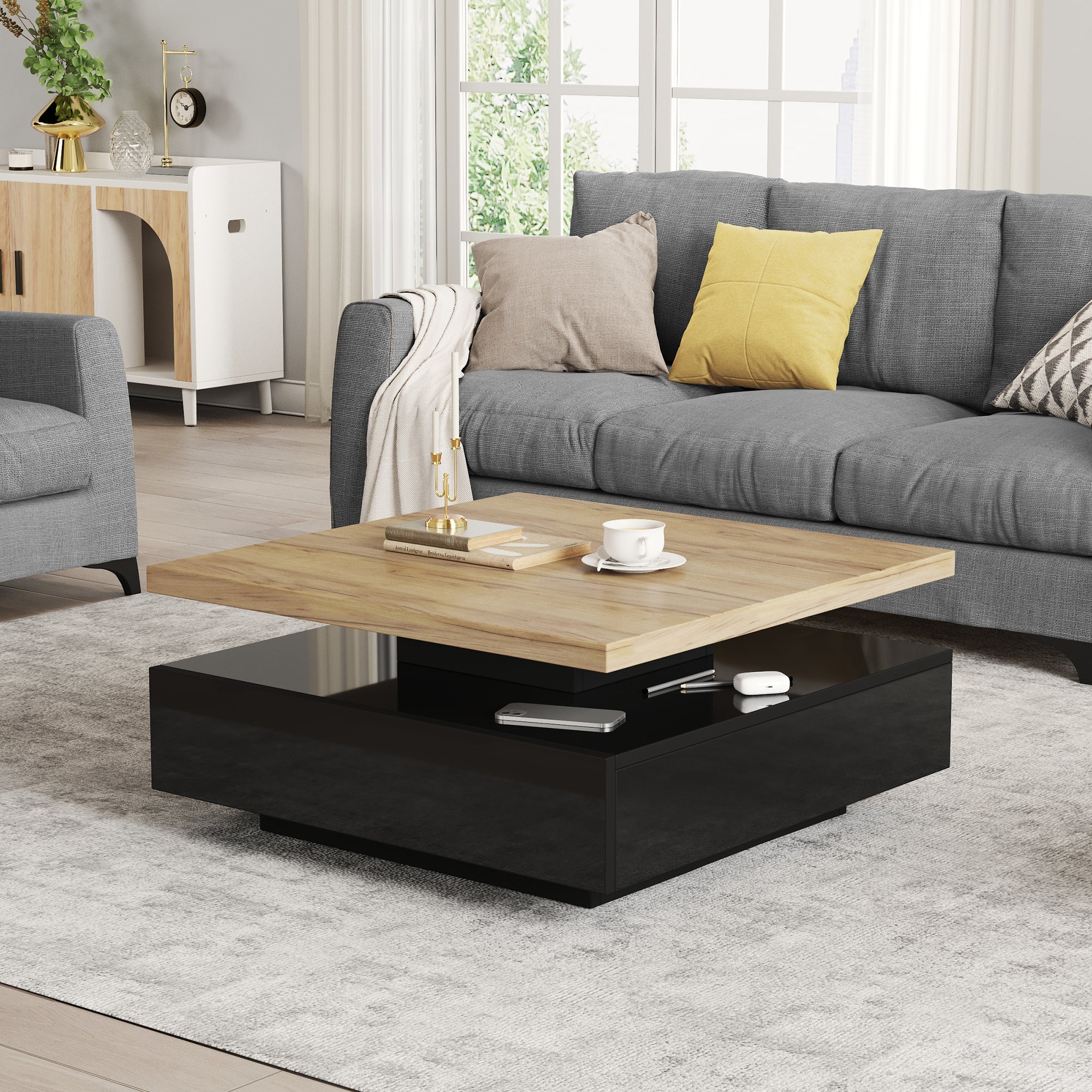 Logidon Vierkante Draaibare Salontafel 70x70 cm Bruin 360 graden
