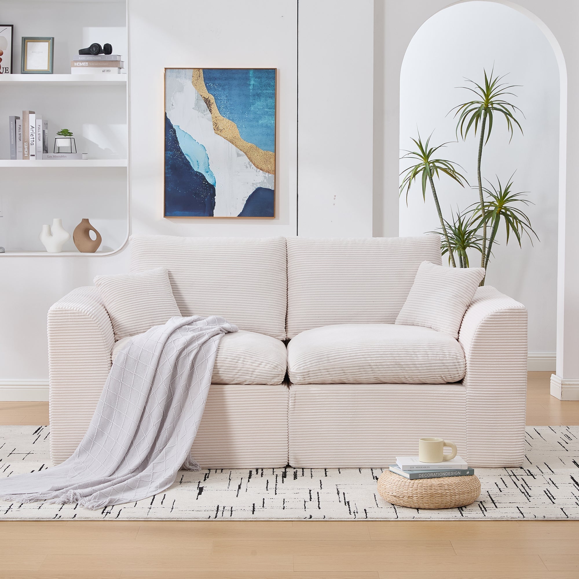 Logidon moderne 1-zits stoffen bank beige corduroy stof met kussens