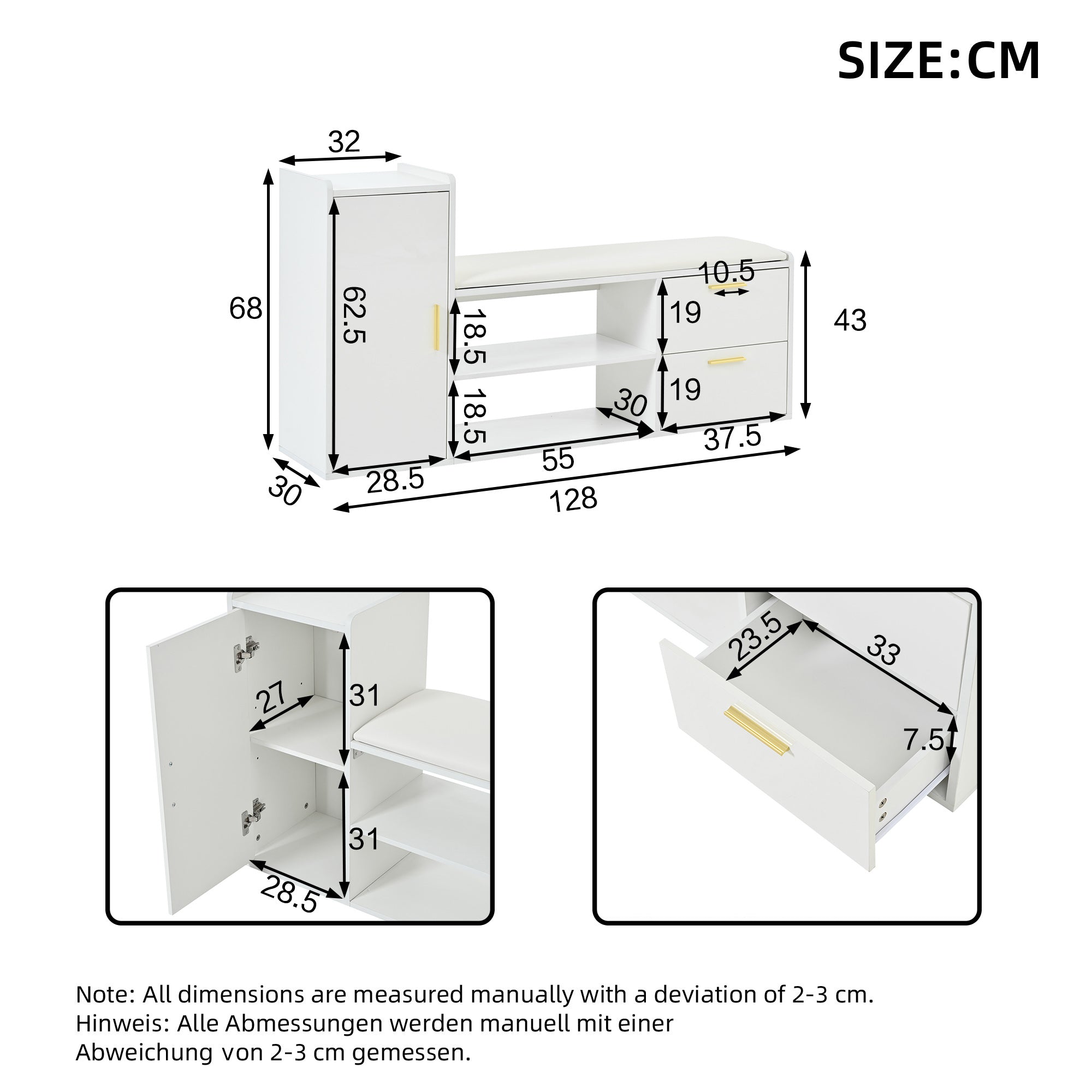 Logidon schoenenbank wit hoogglans 128x30x68 cm met 2 lades