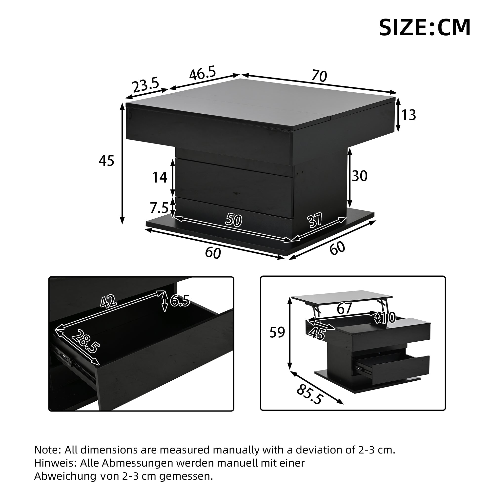 Logidon Salontafel 70x70 cm met draaibaar blad en lade zwart