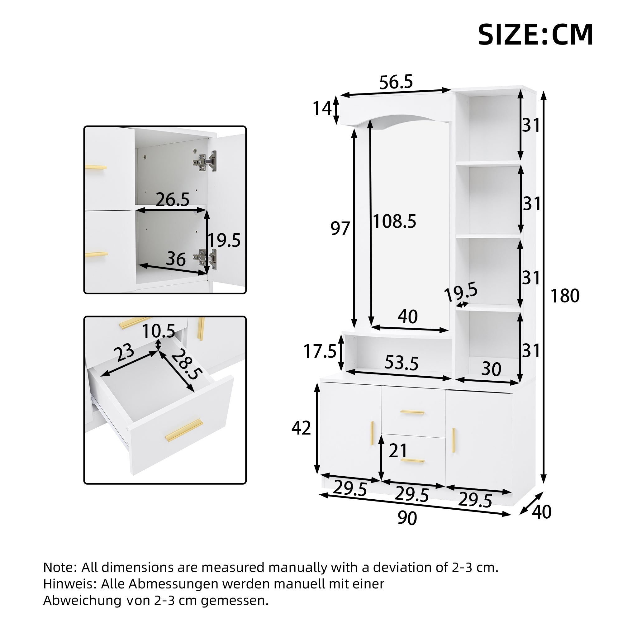 Logidon 90x40x180 cm halkast wit met spiegel en schoenenkast