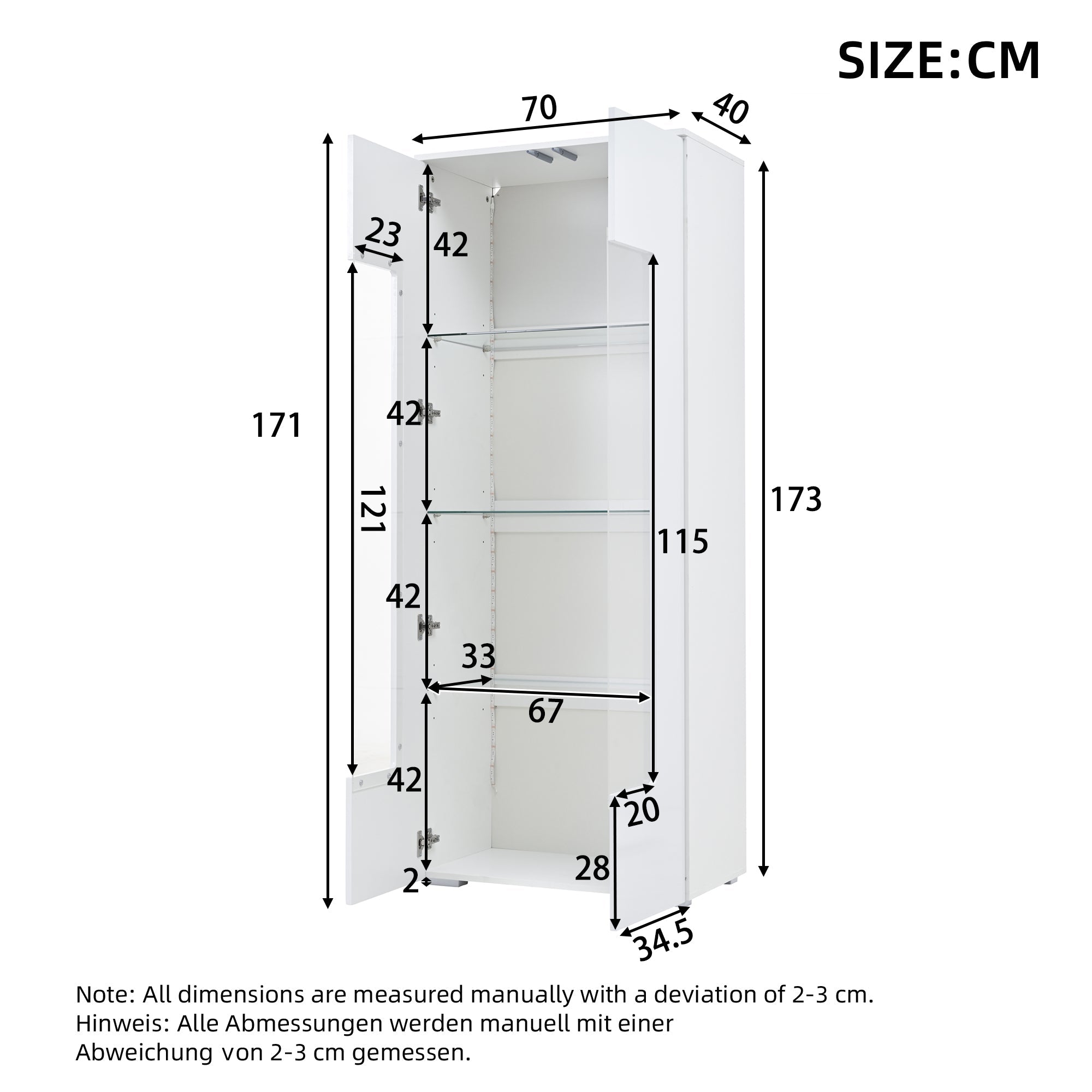 Logidon hoogglans vitrinekast 70x40x173 cm wit met LED-verlichting