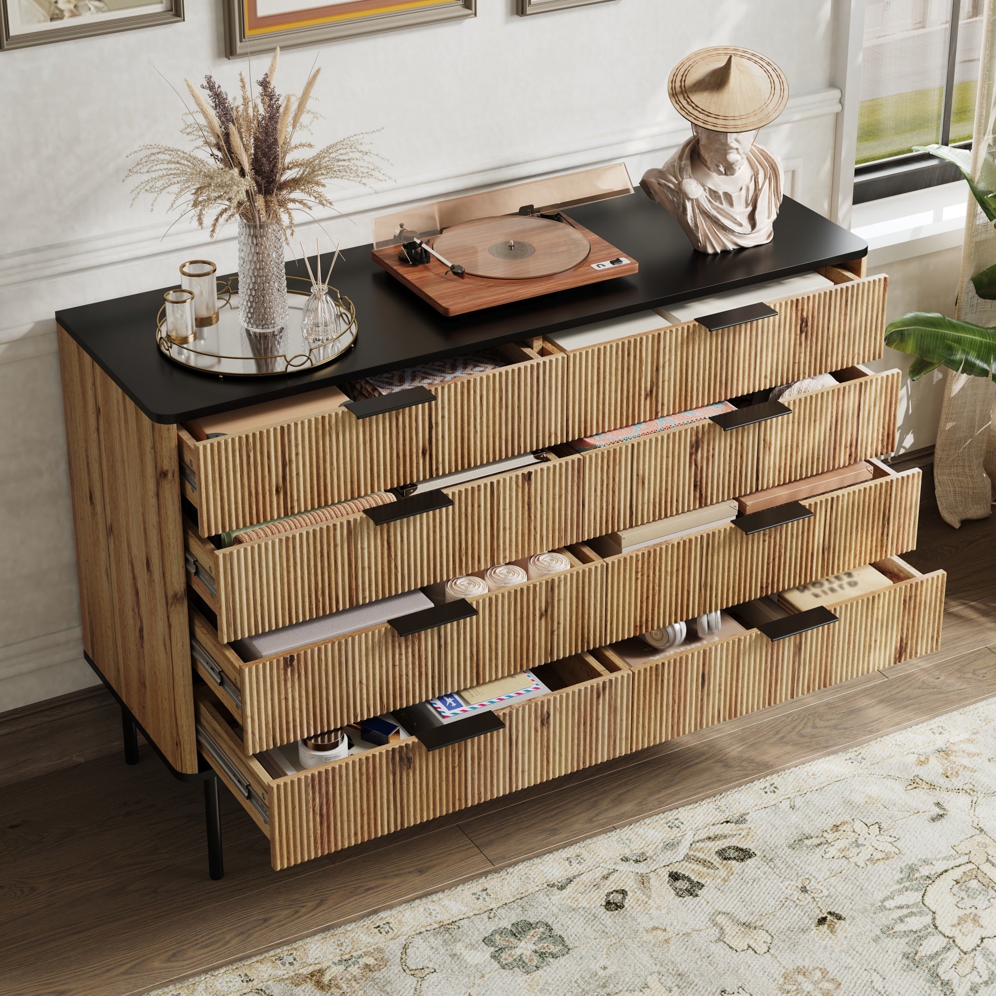 Logidon Modern dressoir 120x39,5x80 9 laden natuurlijke houtlook