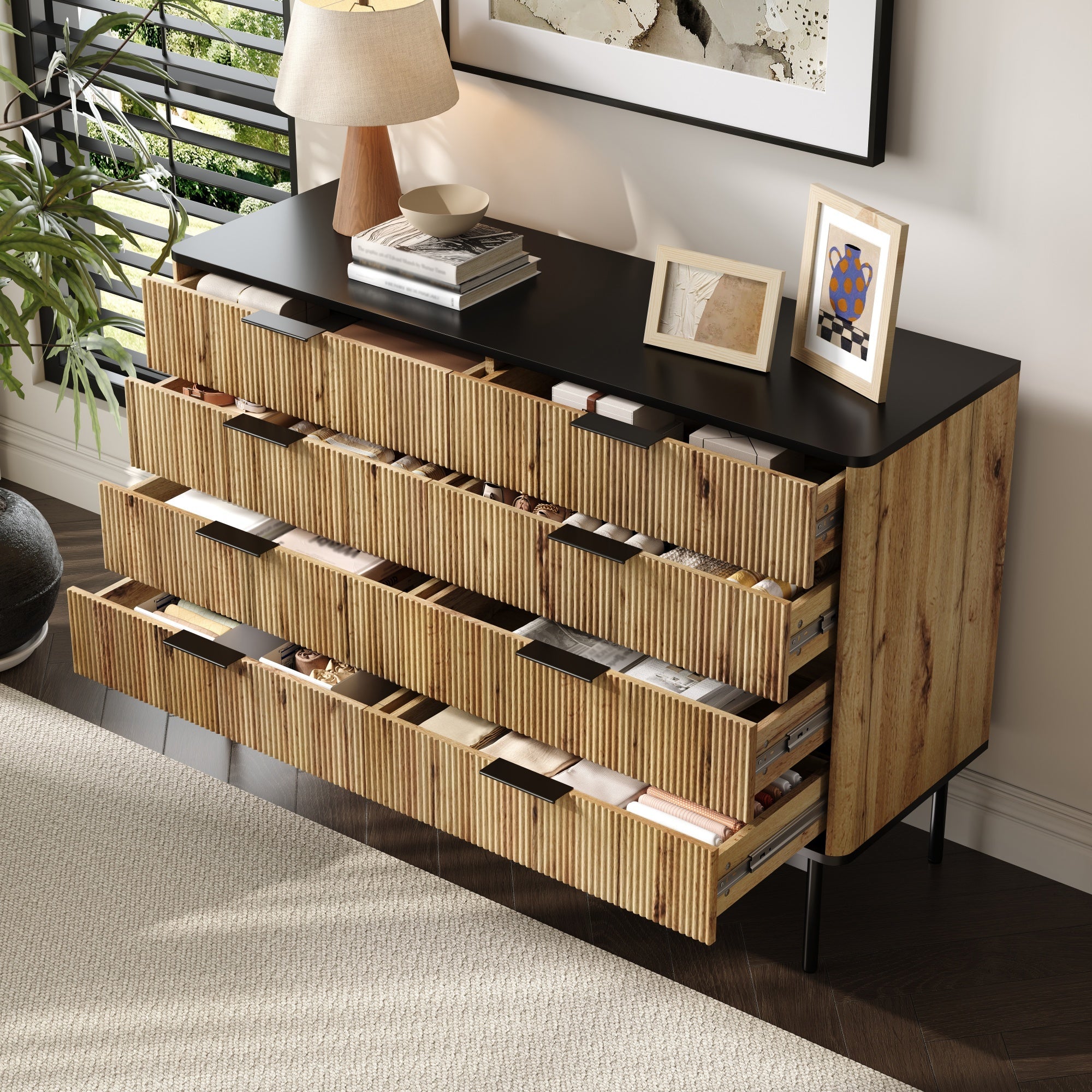 Logidon Modern dressoir 120x39,5x80 9 laden natuurlijke houtlook