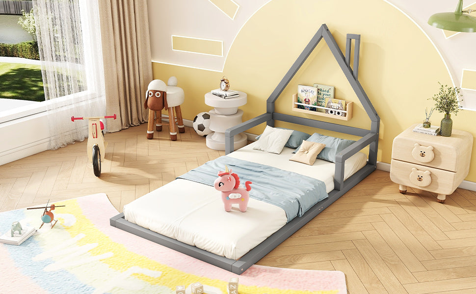 Logidon children's bed 90x200 cm flat bed house shape gray solid wood