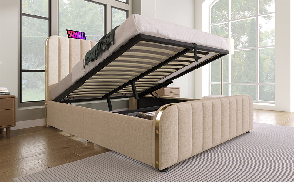 Logidon gestoffeerd bed 160x200 beige linnen met hoofdeinde gouden rand USB-C