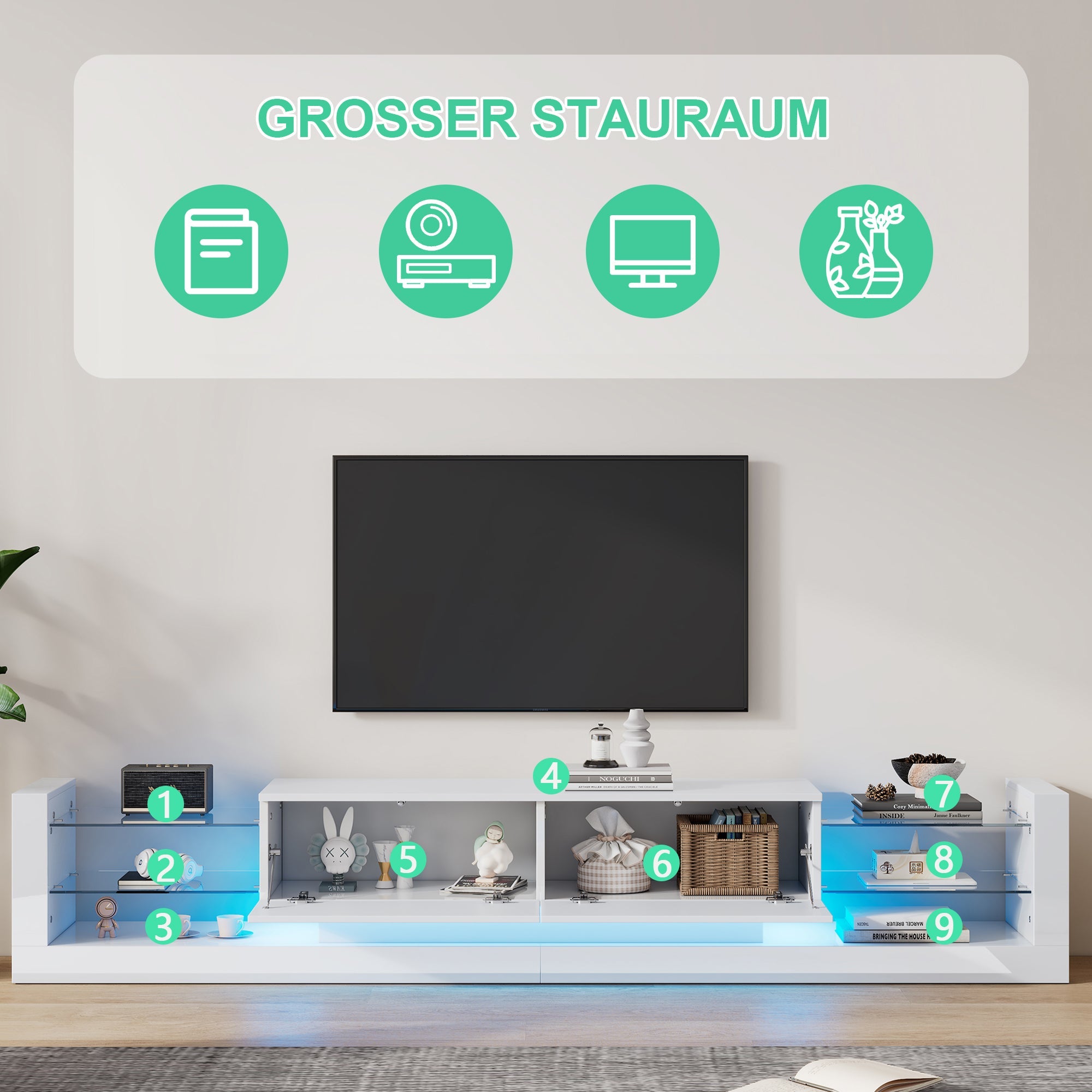 Logidon hoogglans TV-meubel met LED-verlichting 181 cm wit glazen front