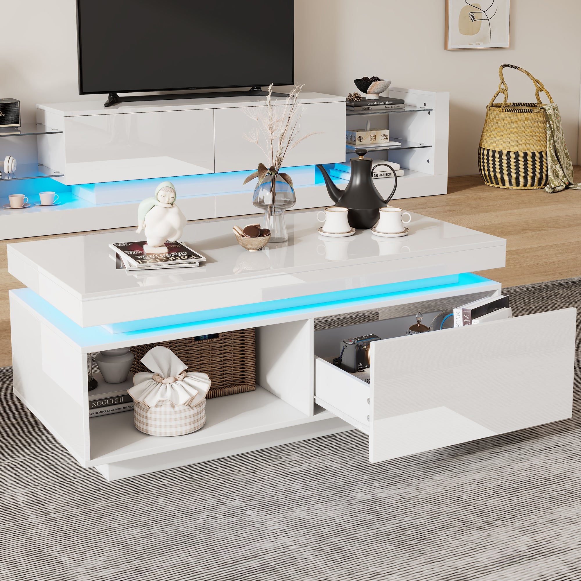 Logidon hoogglans witte salontafel met LED verlichting 100x50x40,3 cm