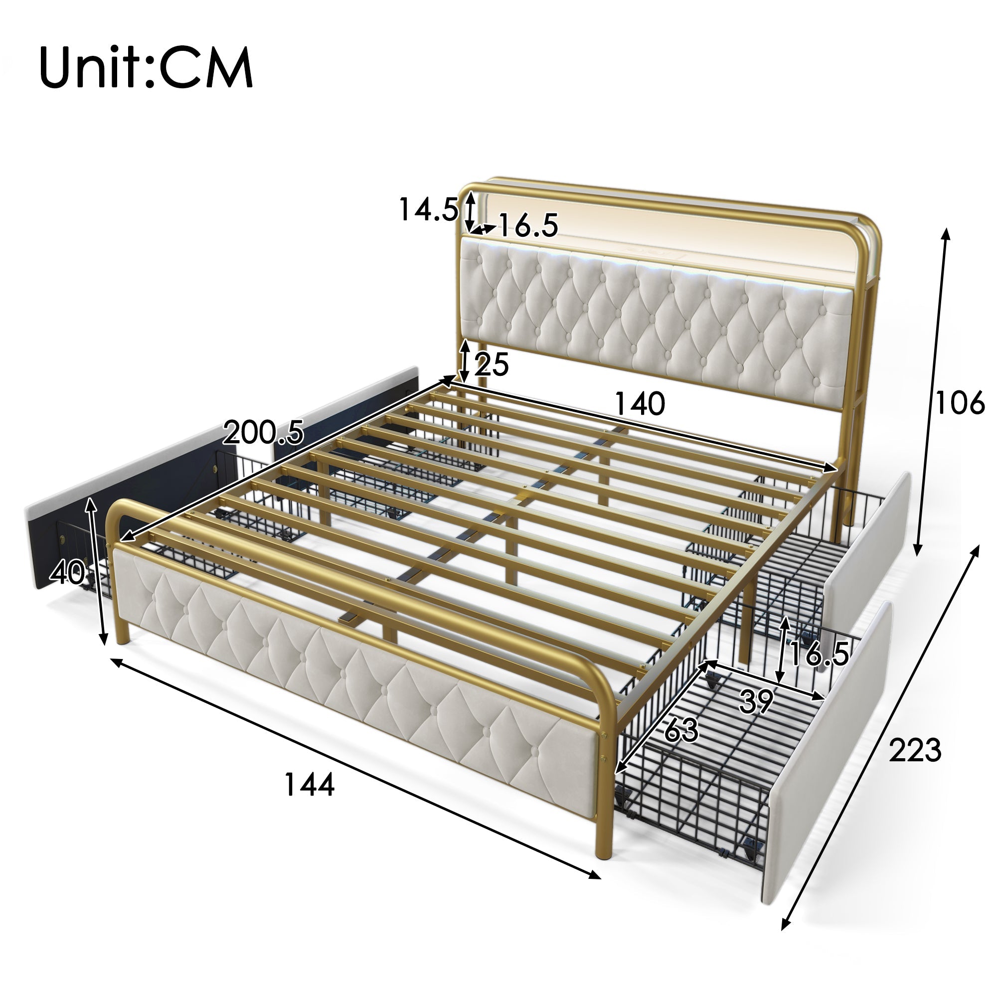 Logidon gestoffeerd bed 140x200 wit fluweel USB Type C oplaadfunctie