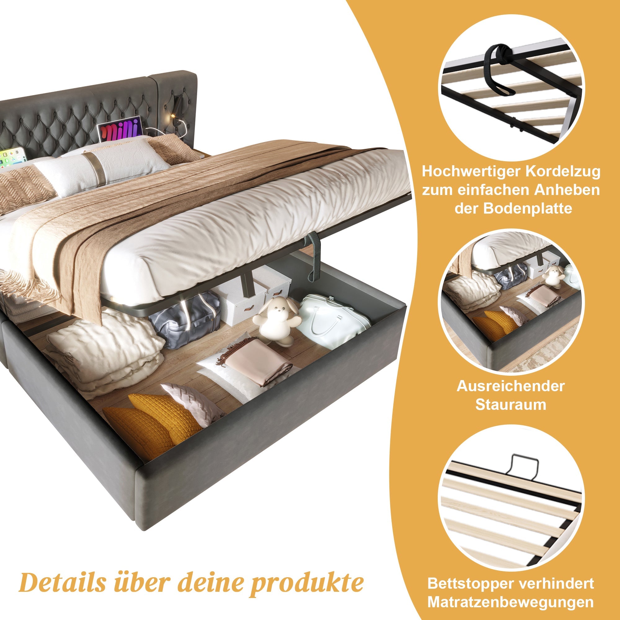 Logidon bed system 160x200 cm upholstered bed with storage space gray velvet