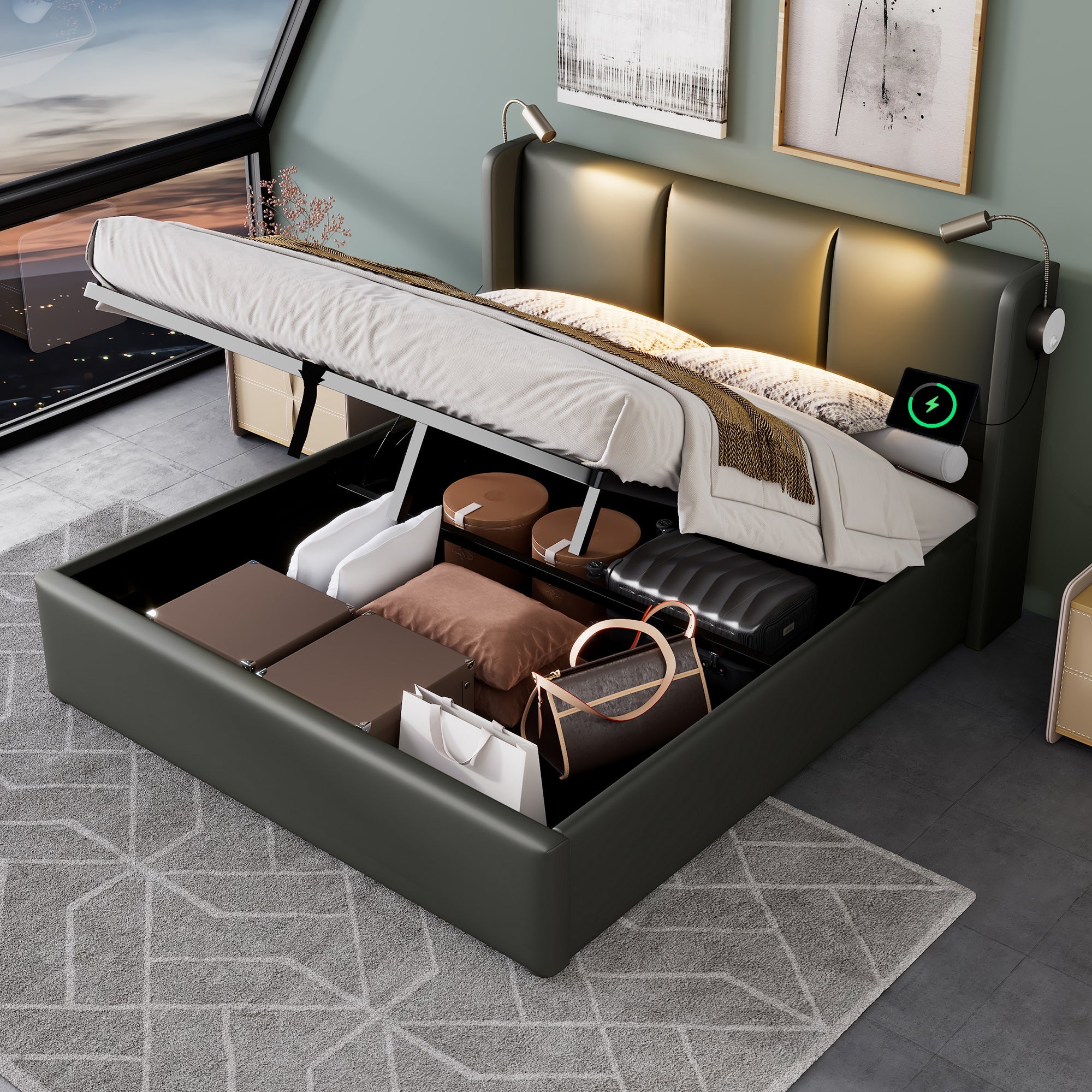 Logidon upholstered bed 160x200 with storage space, reading light charging function gray