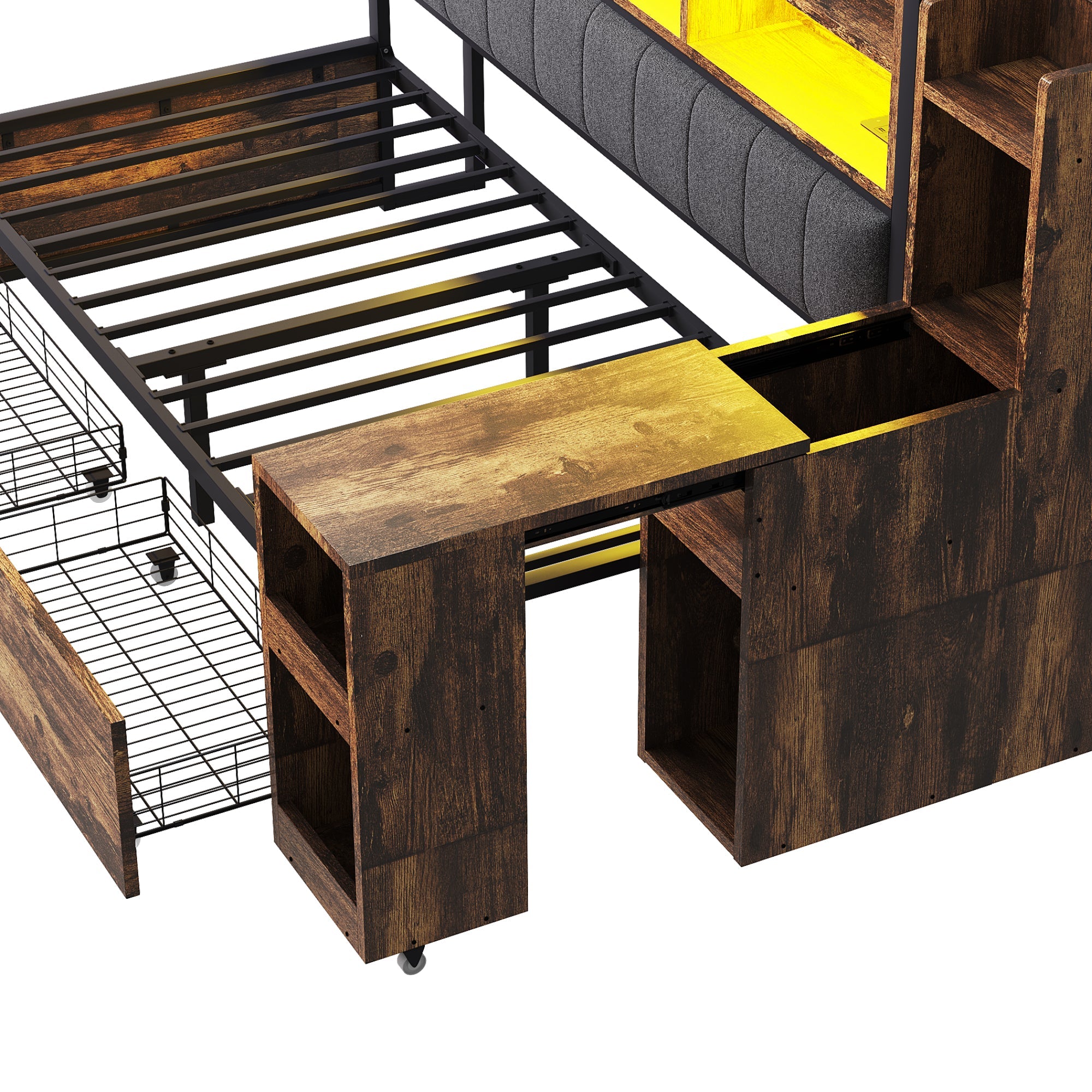 Logidon ijzeren slaapbank 90 x 200 cm houtlook opbergruimte LED