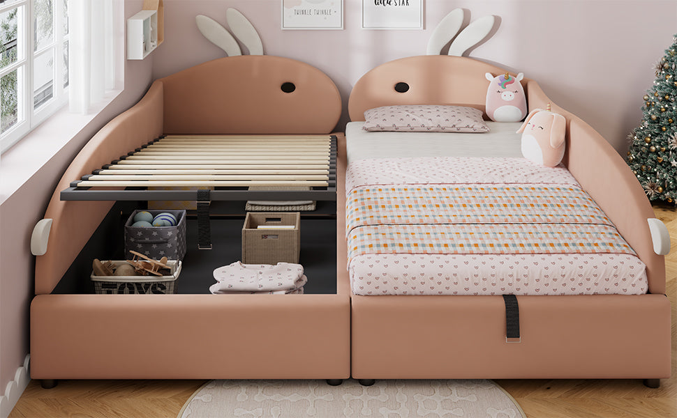 Logidon gestoffeerd bed 90x200 cm roze fluwelen konijn hoofdbord met opbergruimte