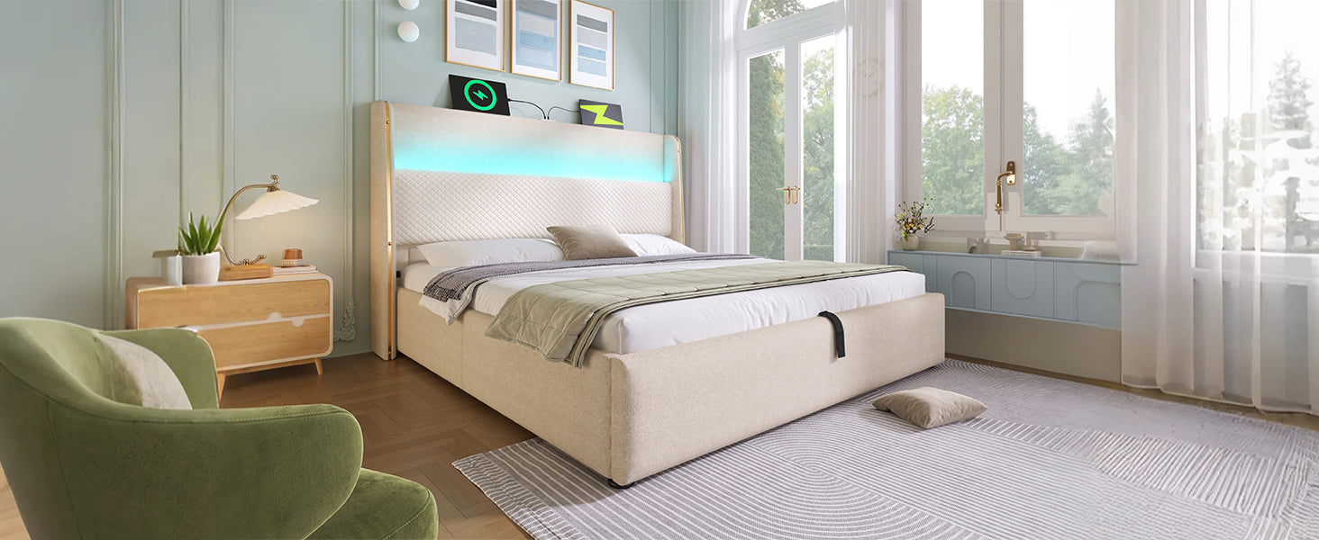 Logidon hydraulisch bed 140x200 beige linnenlook met LED