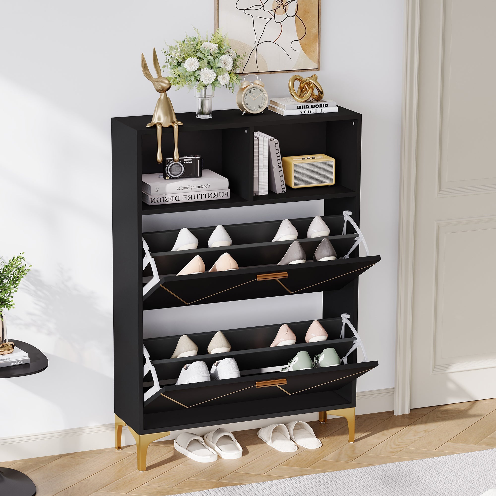 Logidon shoe cabinet 80x25x117 cm black with folding doors and four shoe shelves