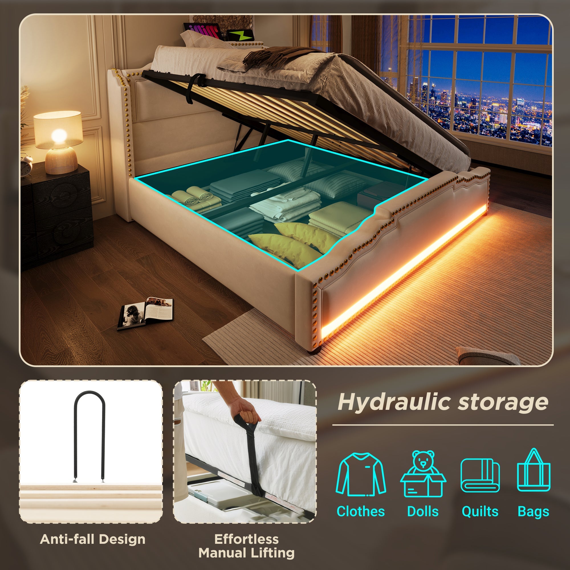 Logidon gestoffeerd bed 160x200 beige fluweel met opbergruimte LED USB C