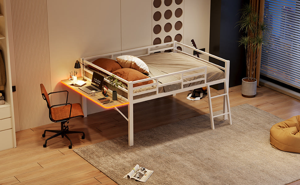 Logidon vlakbed metalen bed 140x200 witte reling LED-lichtstrip