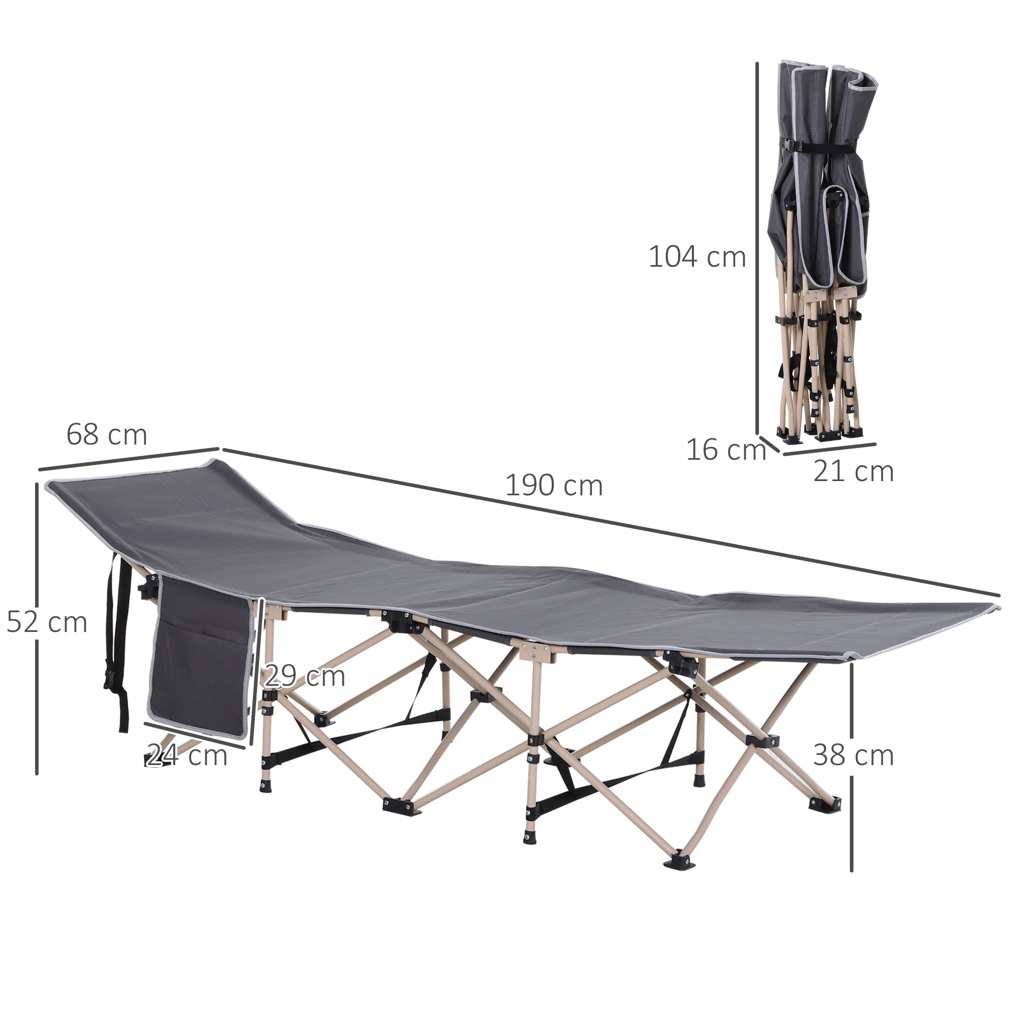 Logidon kampeerbed grijs opvouwbaar met opbergtas 190x68x52 cm