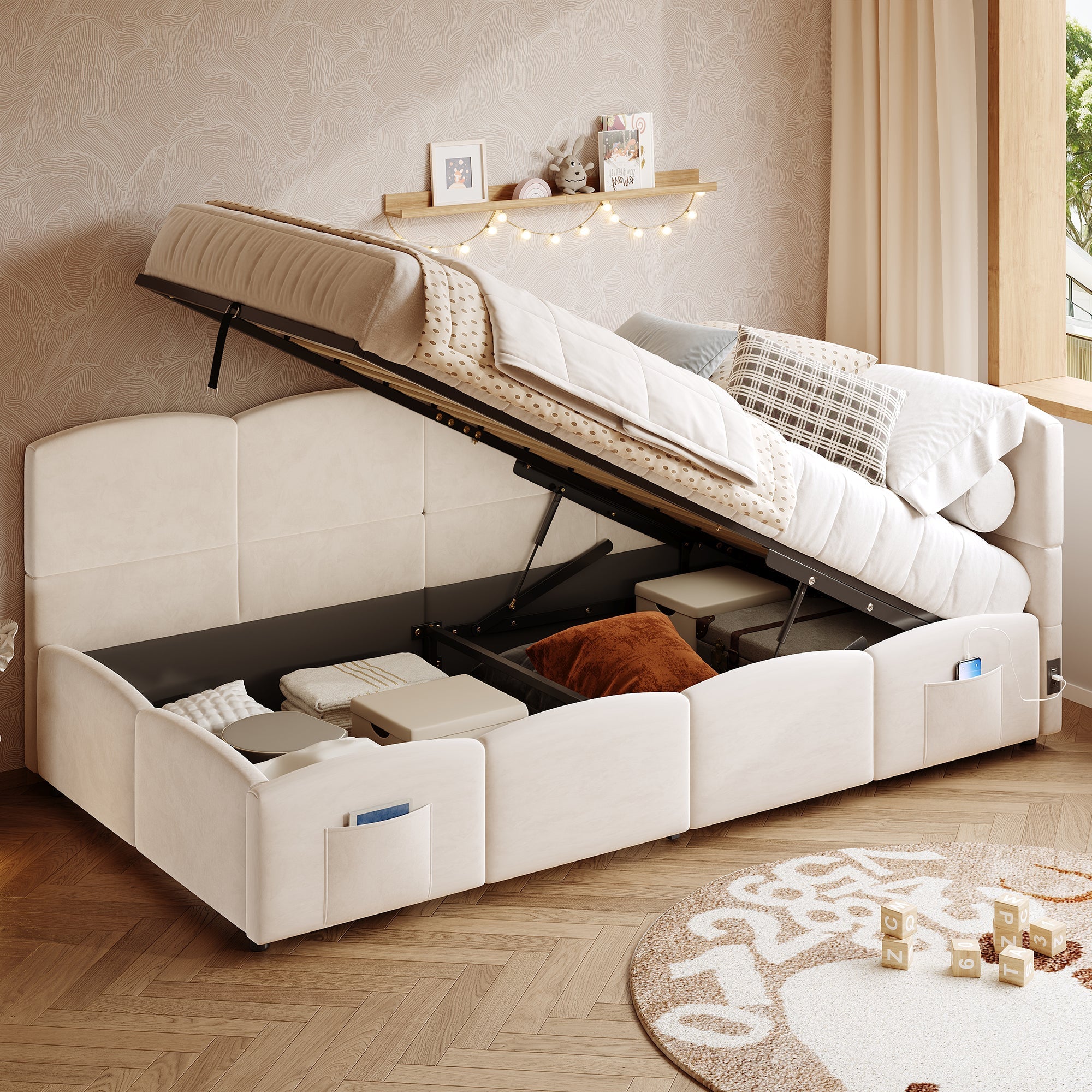 Logidon gestoffeerd bed 90x200 beige fluweel met opbergruimte
