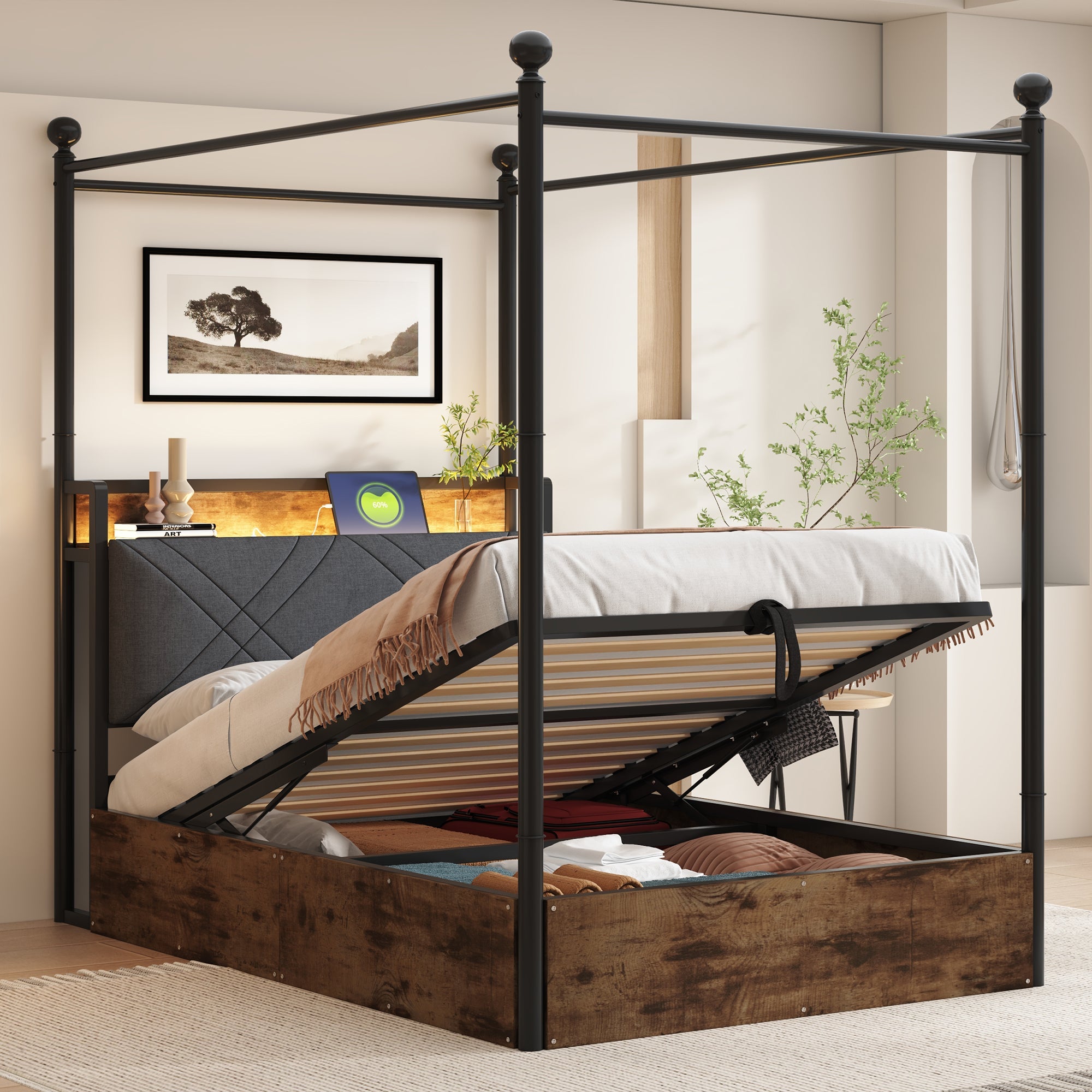 Logidon hemelbed 90x190 zwart met opbergruimte hydraulisch LED USB-C